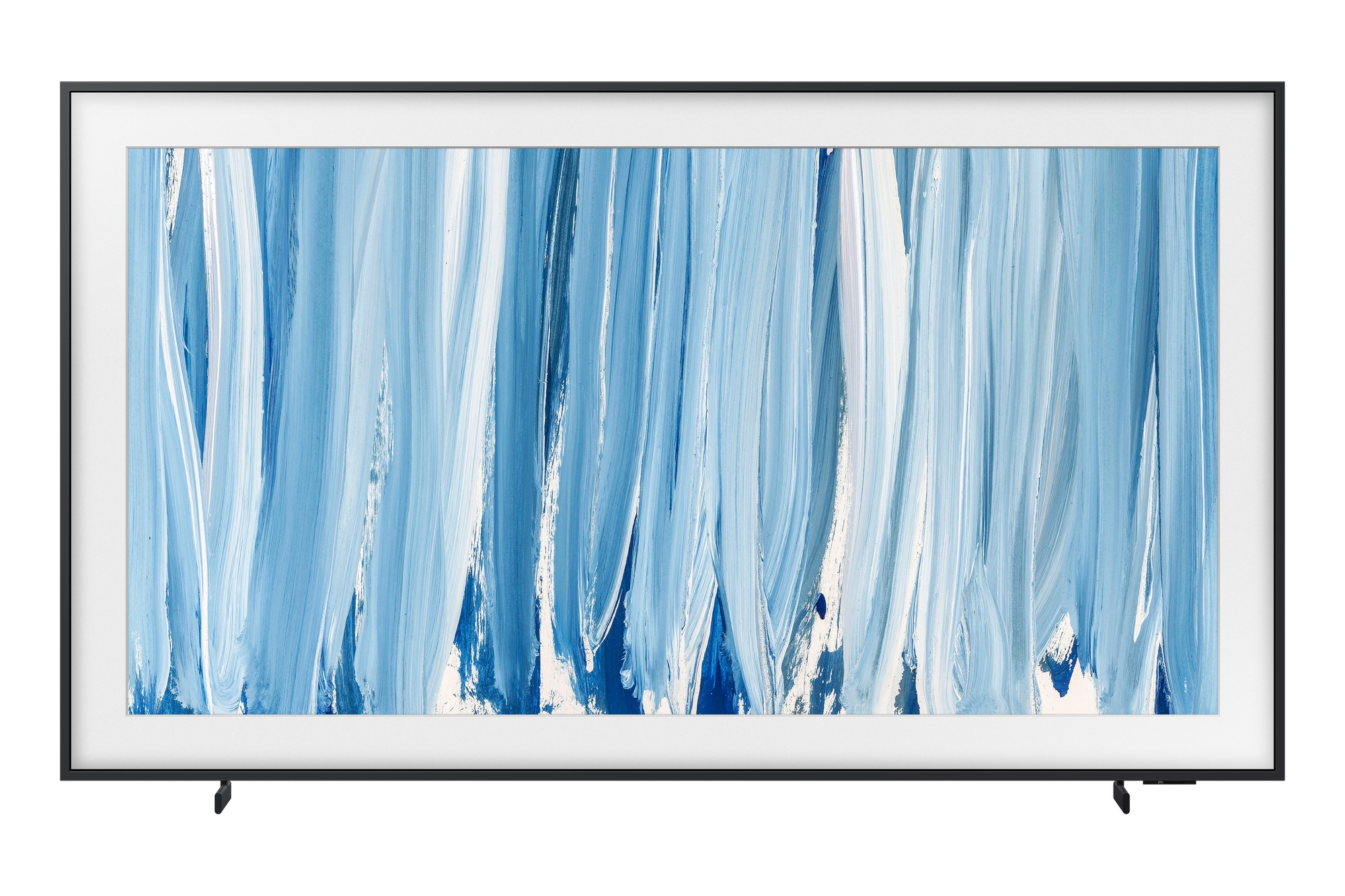 Un televisor moderno con una pintura abstracta en azul y blanco.