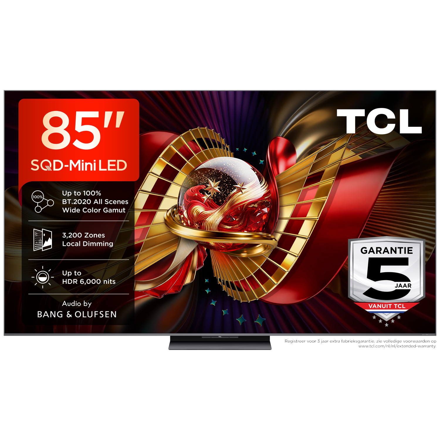 TCL 85" Mini-LED TV met 100% BT.2020, 3200 zones, 6000 nits HDR, Bang & Olufsen audio.