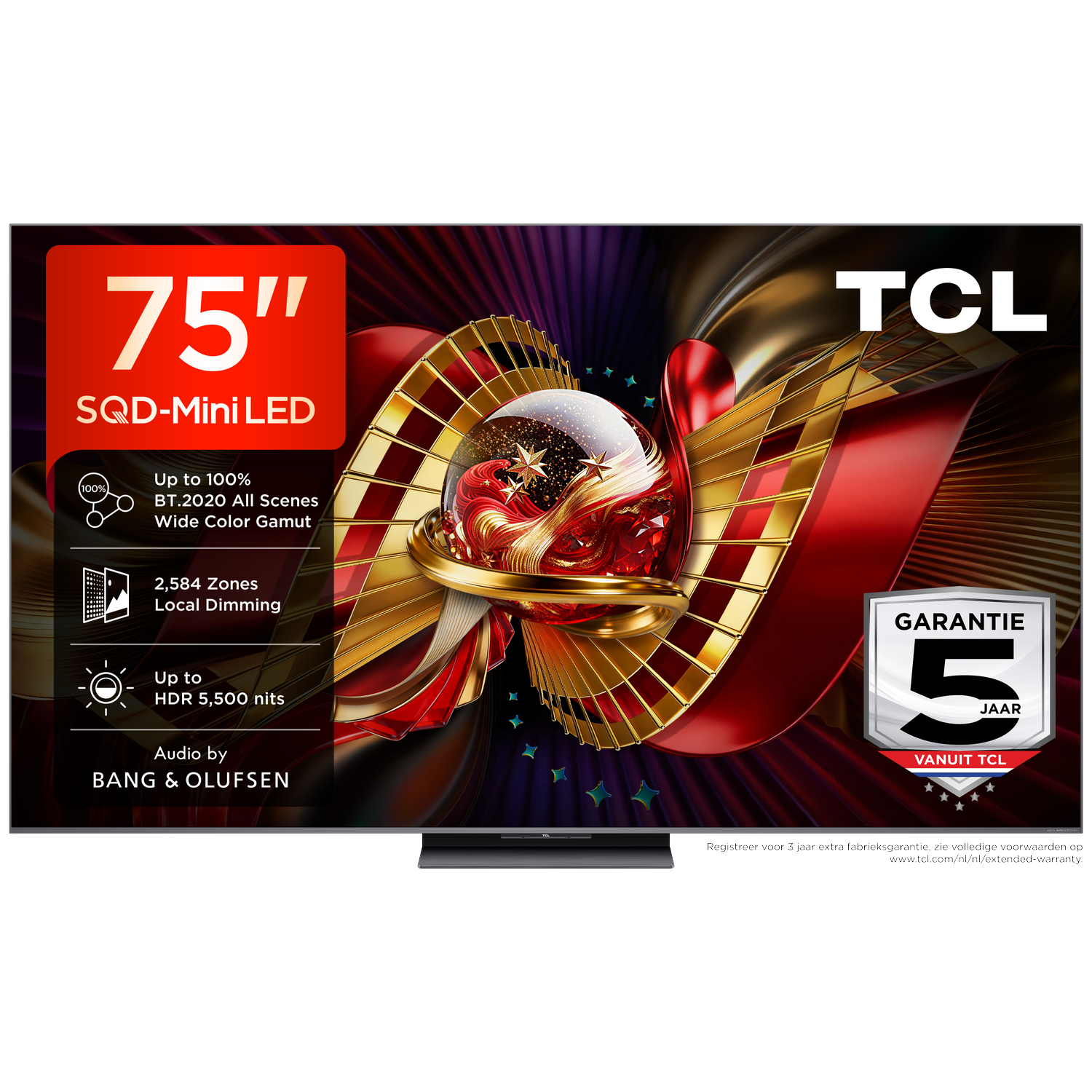 TCL 75" SQD-Mini LED TV met 2.584 zones, 5.500 nits HDR en Bang & Olufsen audio.