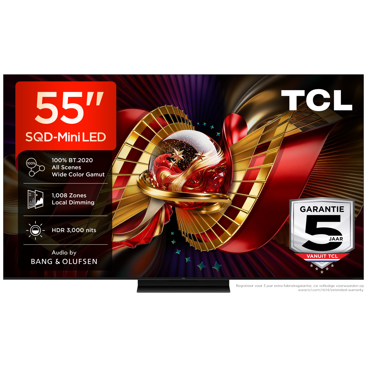TCL 55-inch SQD-Mini LED TV met 100% BT.2020, 1008 zones, HDR 3000 nits.