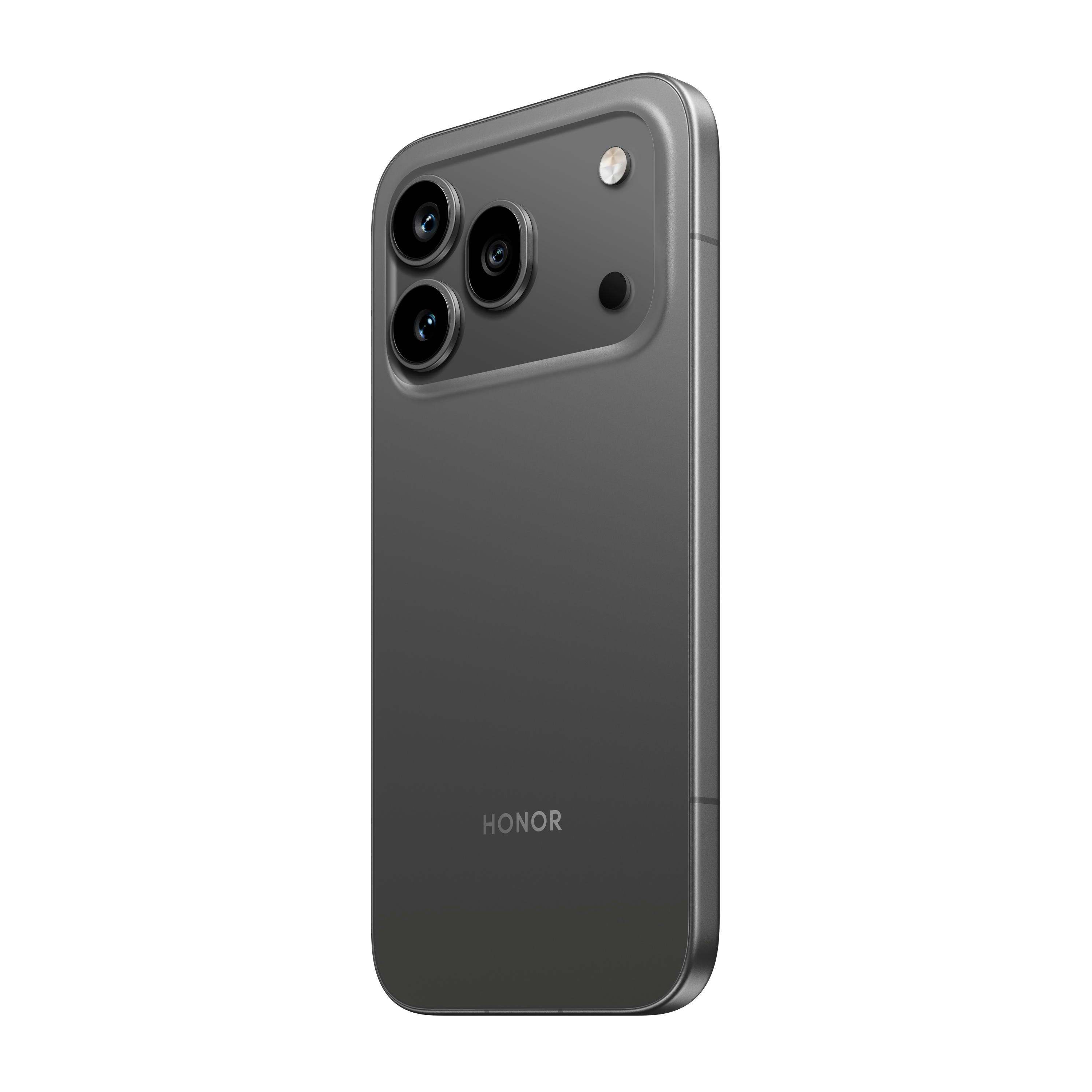 Rückseite eines grauen Smartphones mit drei Kameras und Blitz.