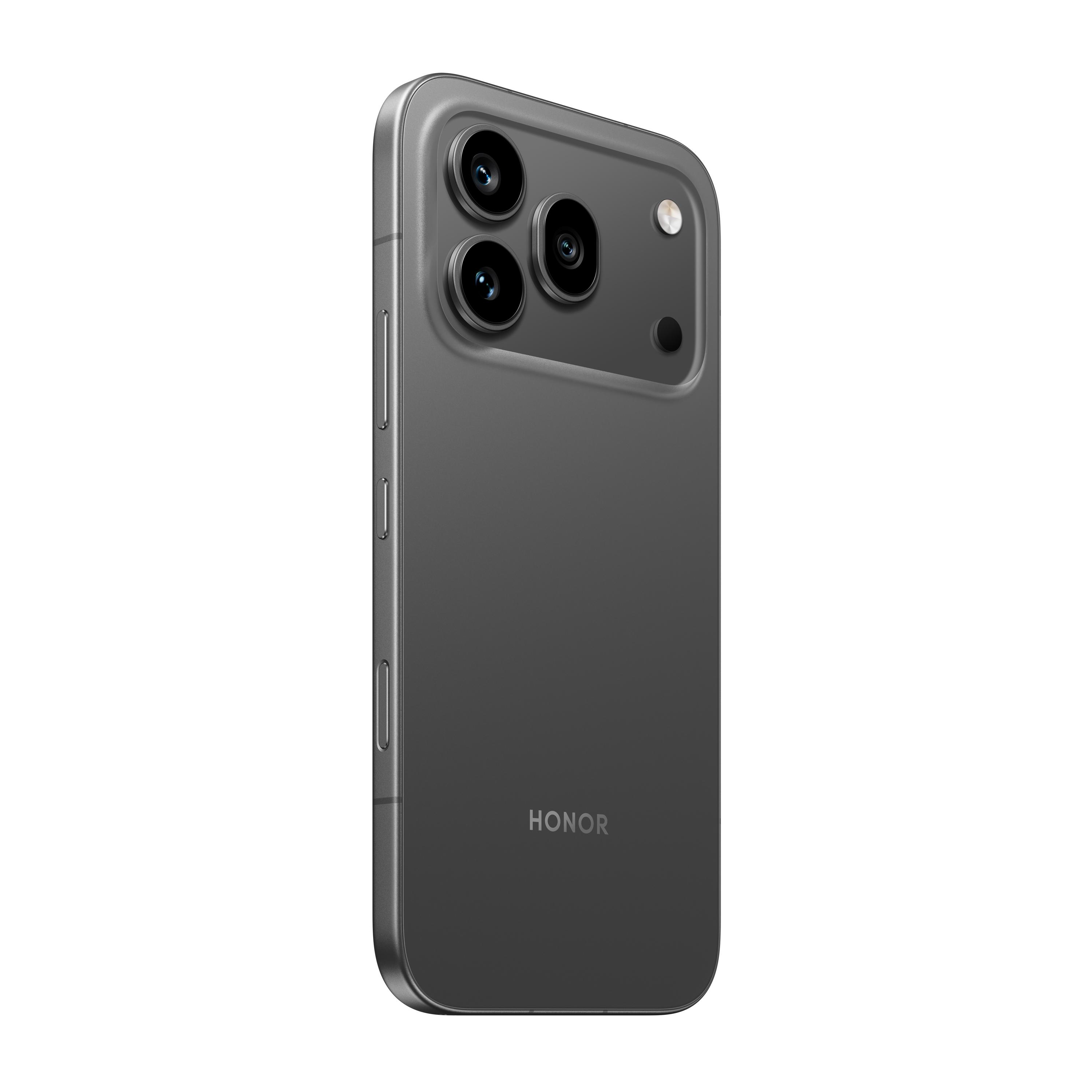 Graues Smartphone mit drei Kameras und Blitz auf der Rückseite.
