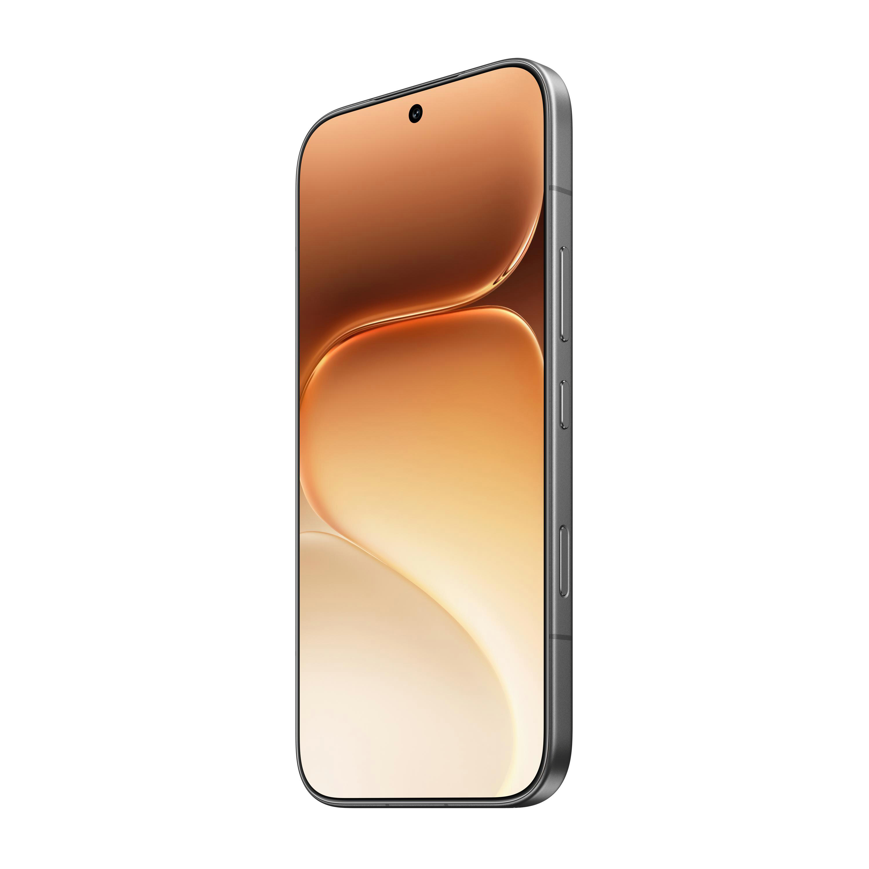 Ein modernes Smartphone mit silbernem Rahmen und einem Bildschirm mit goldenen Farbverläufen.