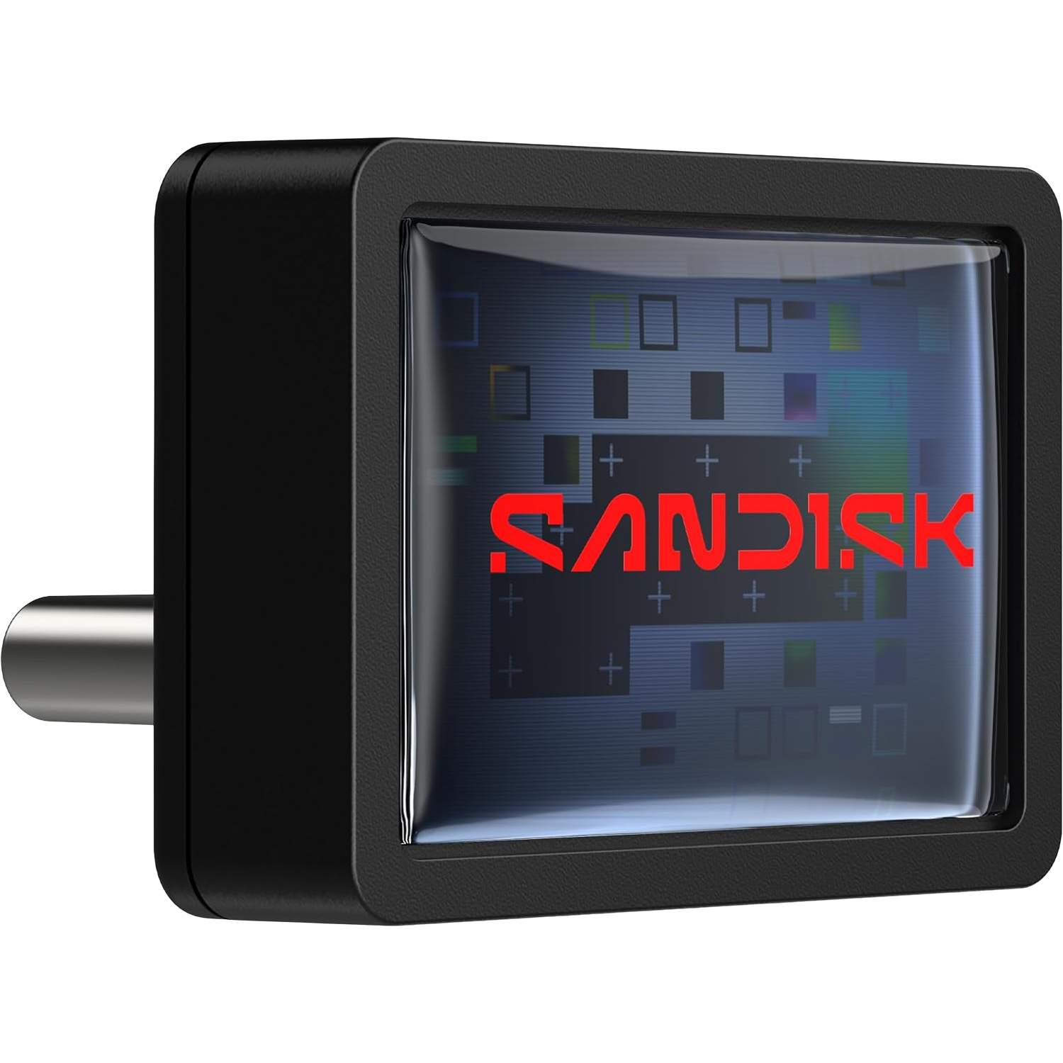 Een zwarte USB-adapter met een metalen stekker en een scherm met het SanDisk-logo.