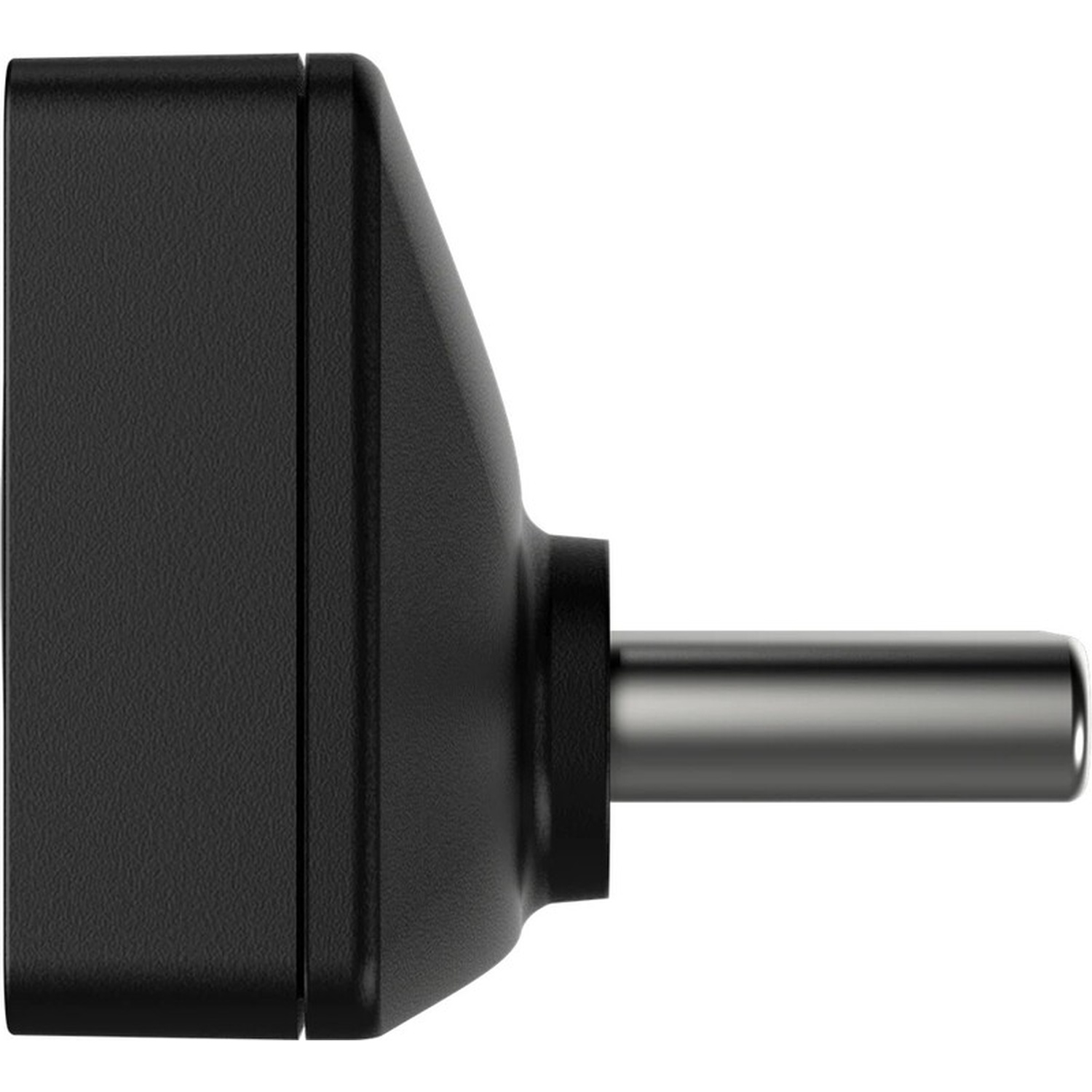 Een zwarte voedingsadapter met een ronde metalen pin die naar rechts uitsteekt.