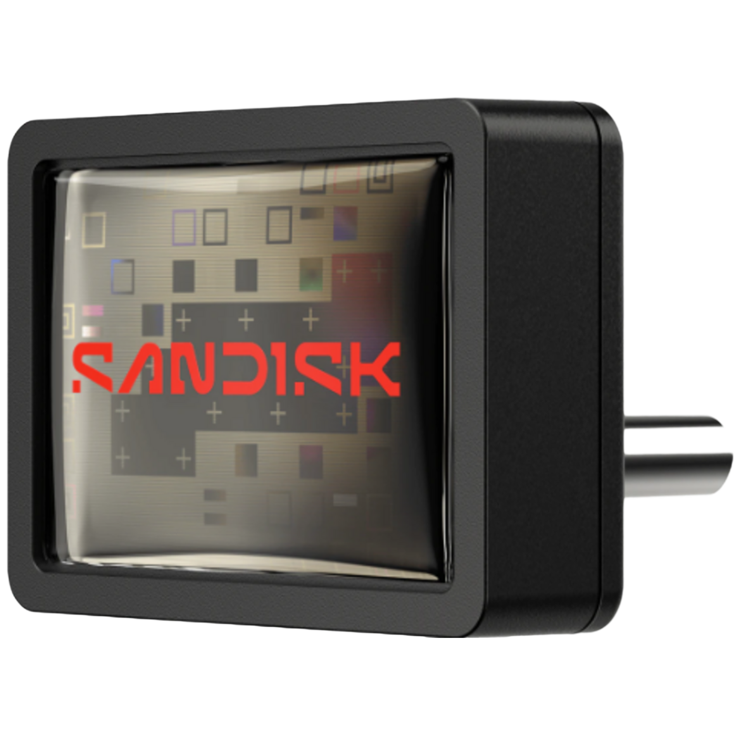 Een zwart Sandisk-apparaat met een zilveren stekker en een transparant scherm.