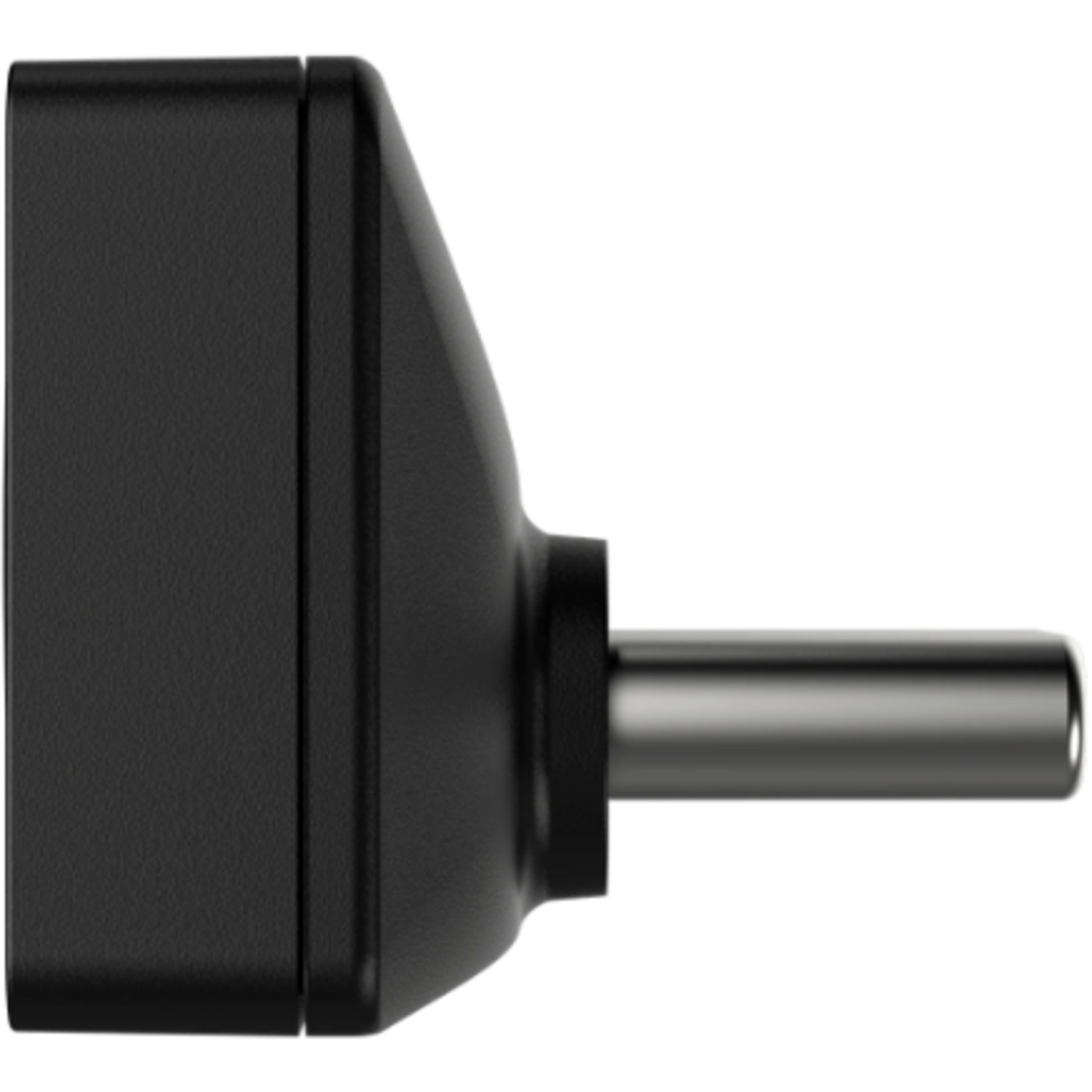 Zwarte stekker met een cilindrische metalen pin die naar rechts uitsteekt.
