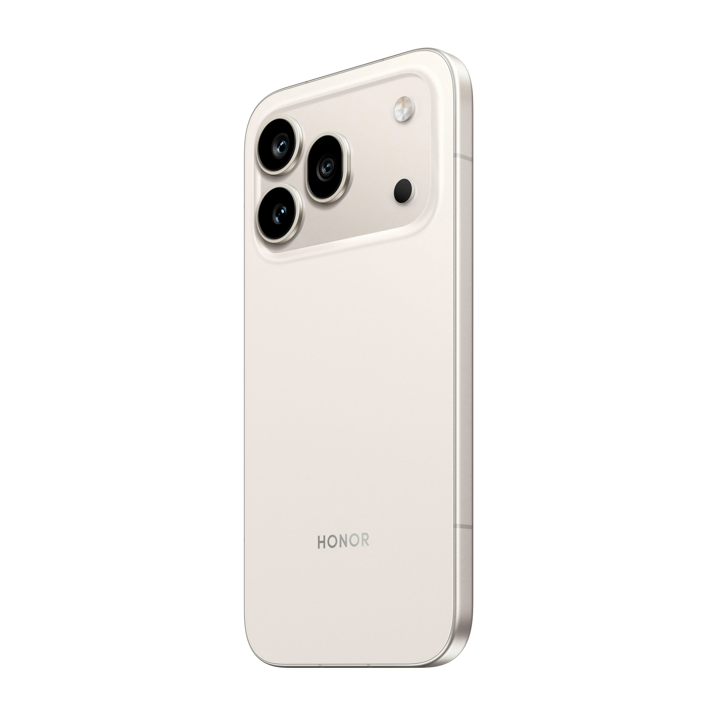 Ein weißes Honor Smartphone mit drei Kameras und Blitz.
