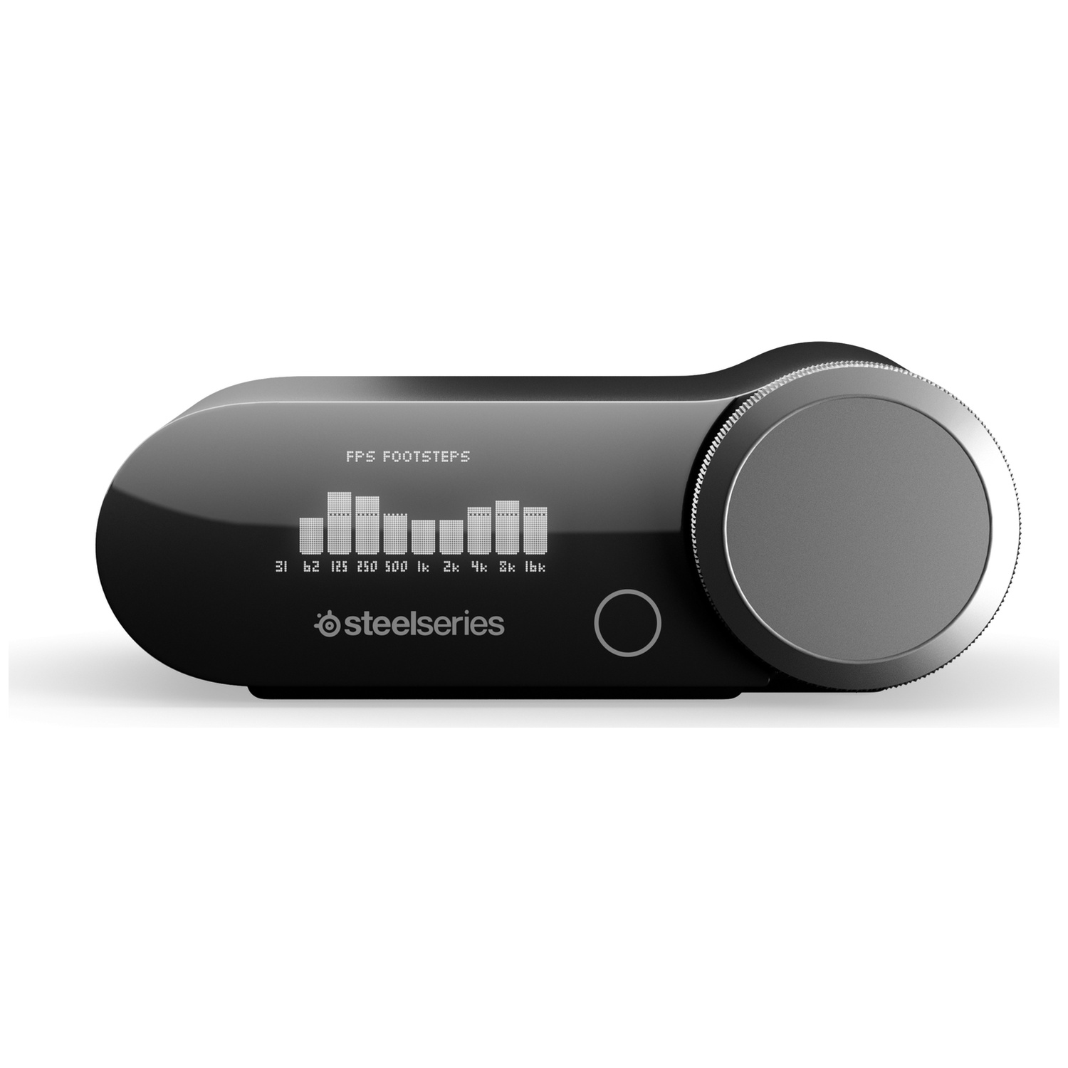 Un appareil audio Steelseries noir brillant avec un cadran et un écran affichant des graphiques à barres.
