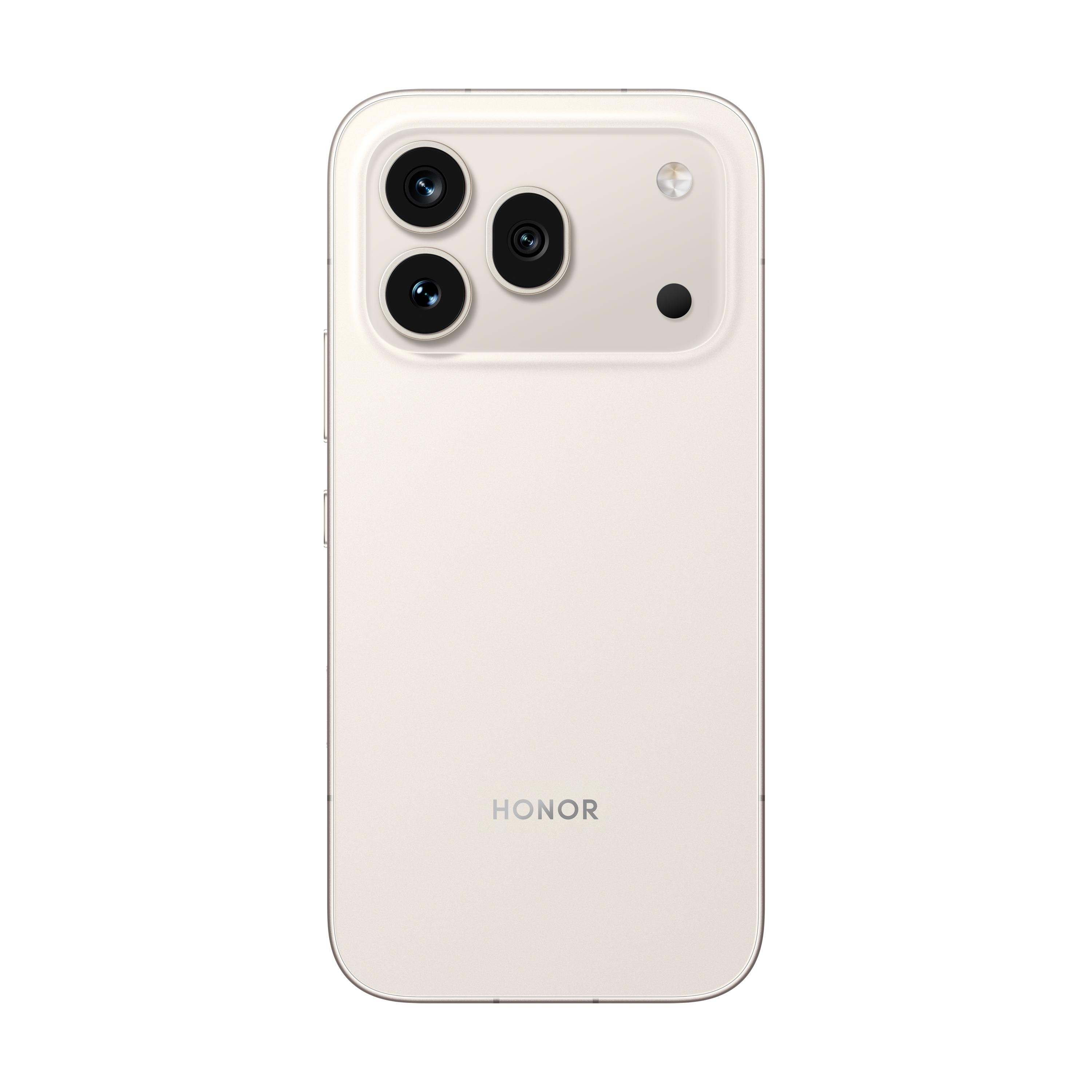 Rückseite eines weißen Honor Smartphones mit drei Kameras und Blitz.