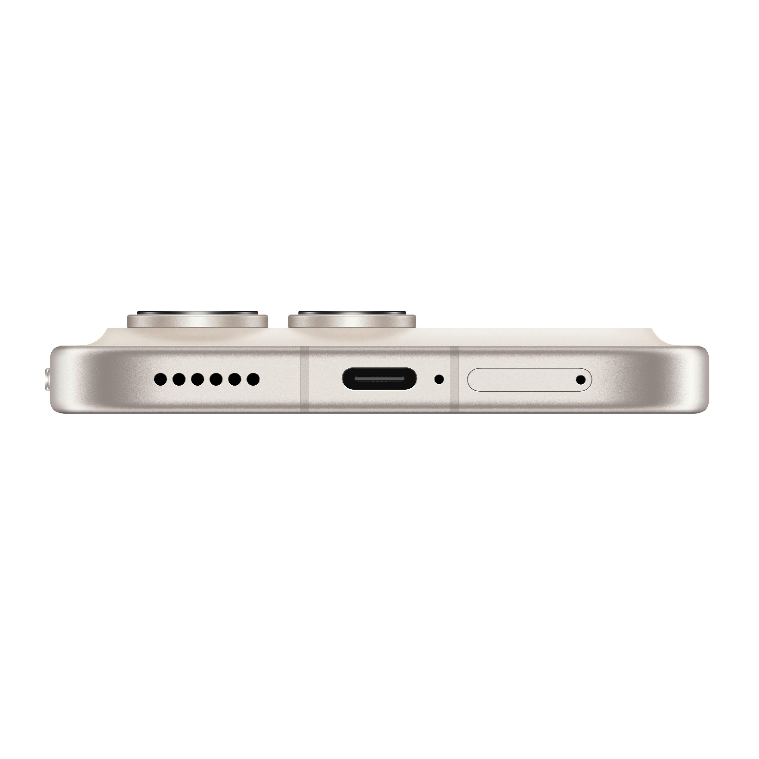 Seitenansicht eines hellen Smartphones mit USB-C-Anschluss, Lautsprecheröffnungen und Kameras.