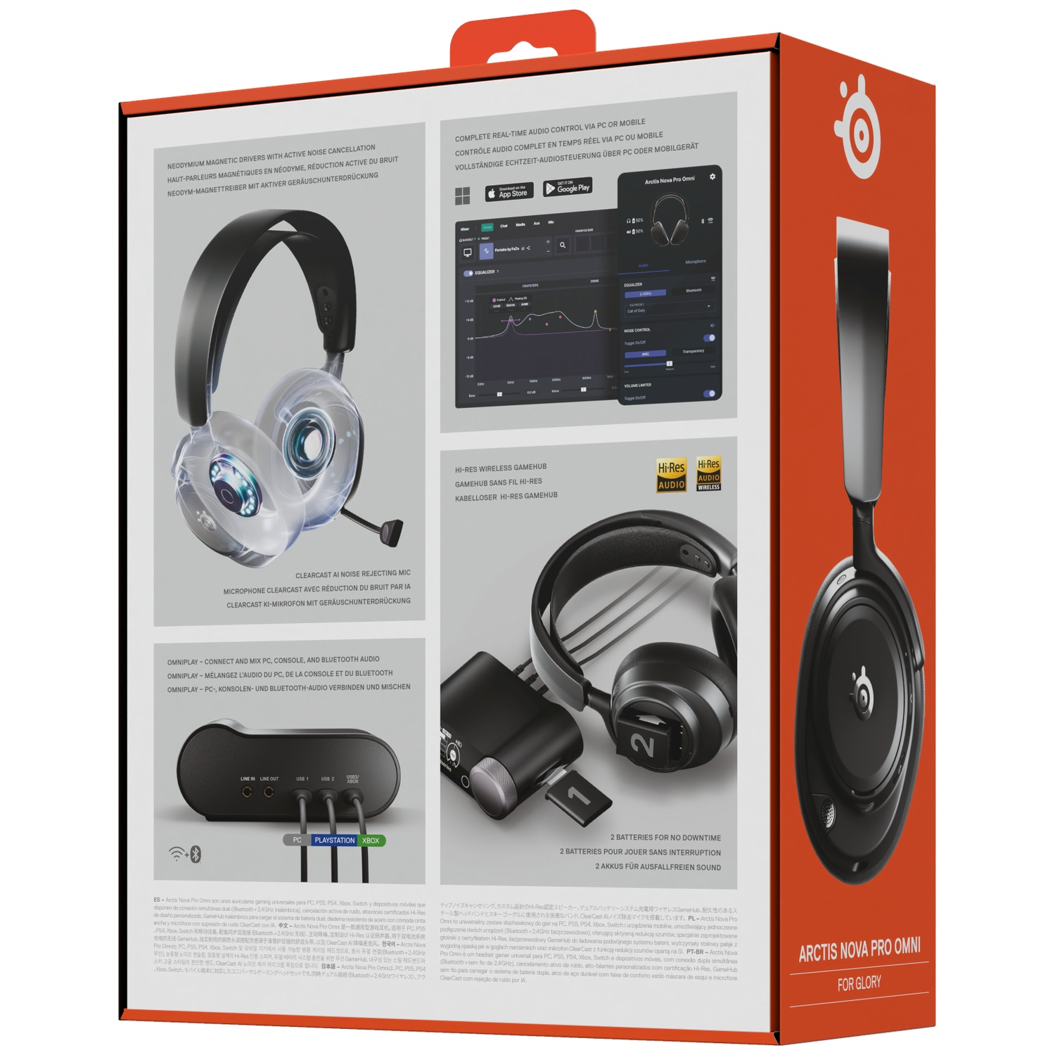 Emballage du casque Arctis Nova Pro Omni détaillant les caractéristiques et images.