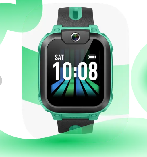 Zielony smartwatch z czarnym paskiem wyświetla 10:08, z kamerą na górze.