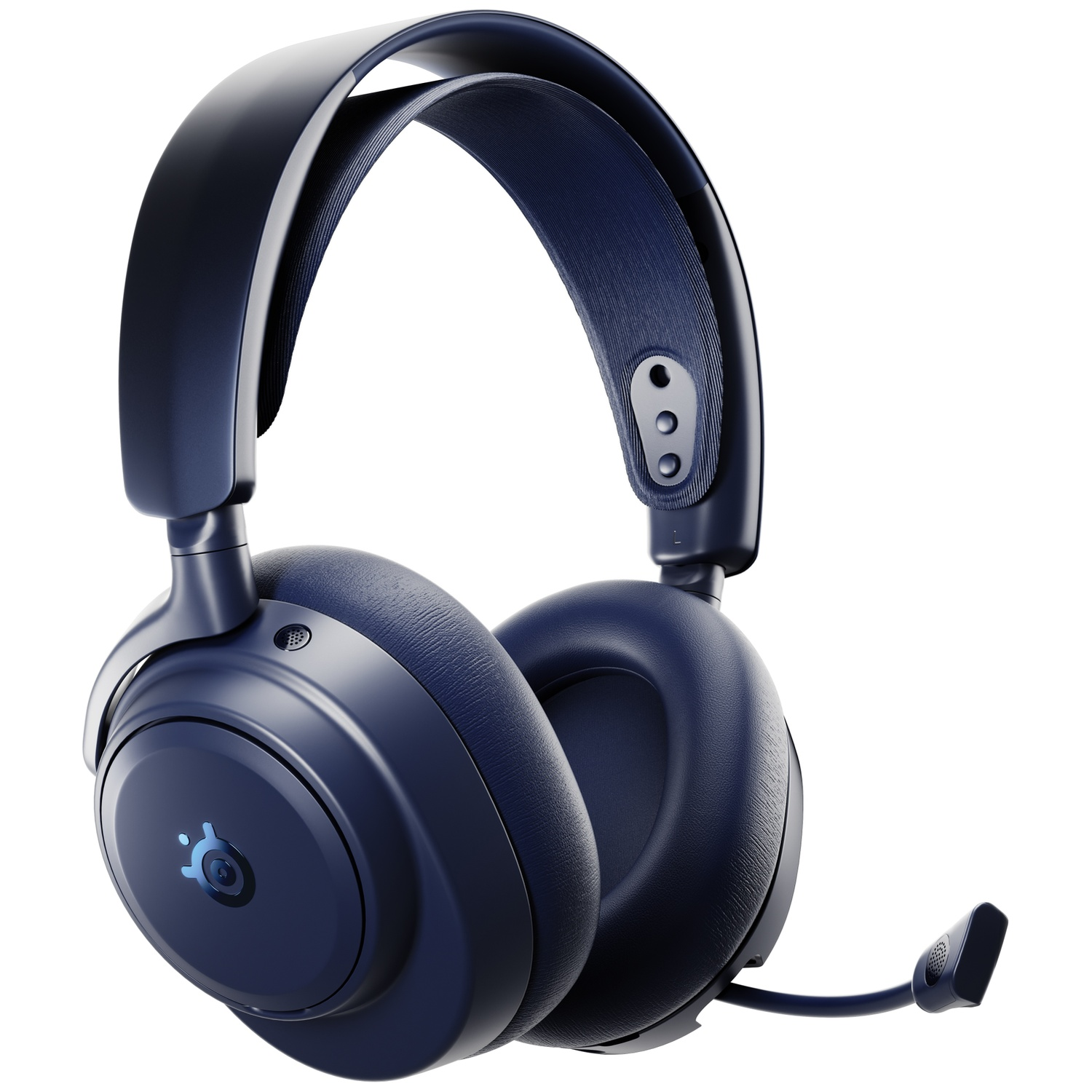 Dark blue wireless gaming headset with a microphone and padded headband.