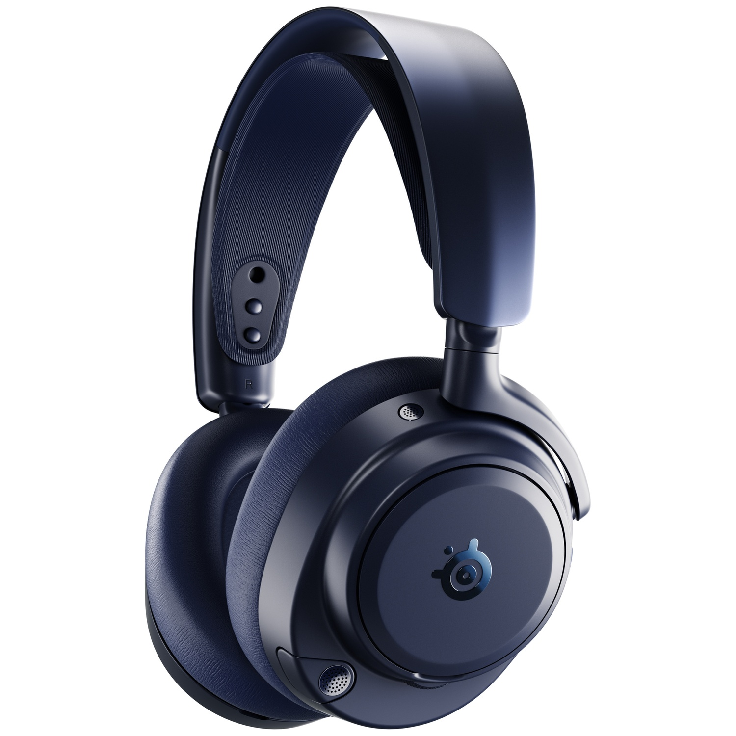 Dark blue over-ear headphones with padded earcups and an adjustable headband.