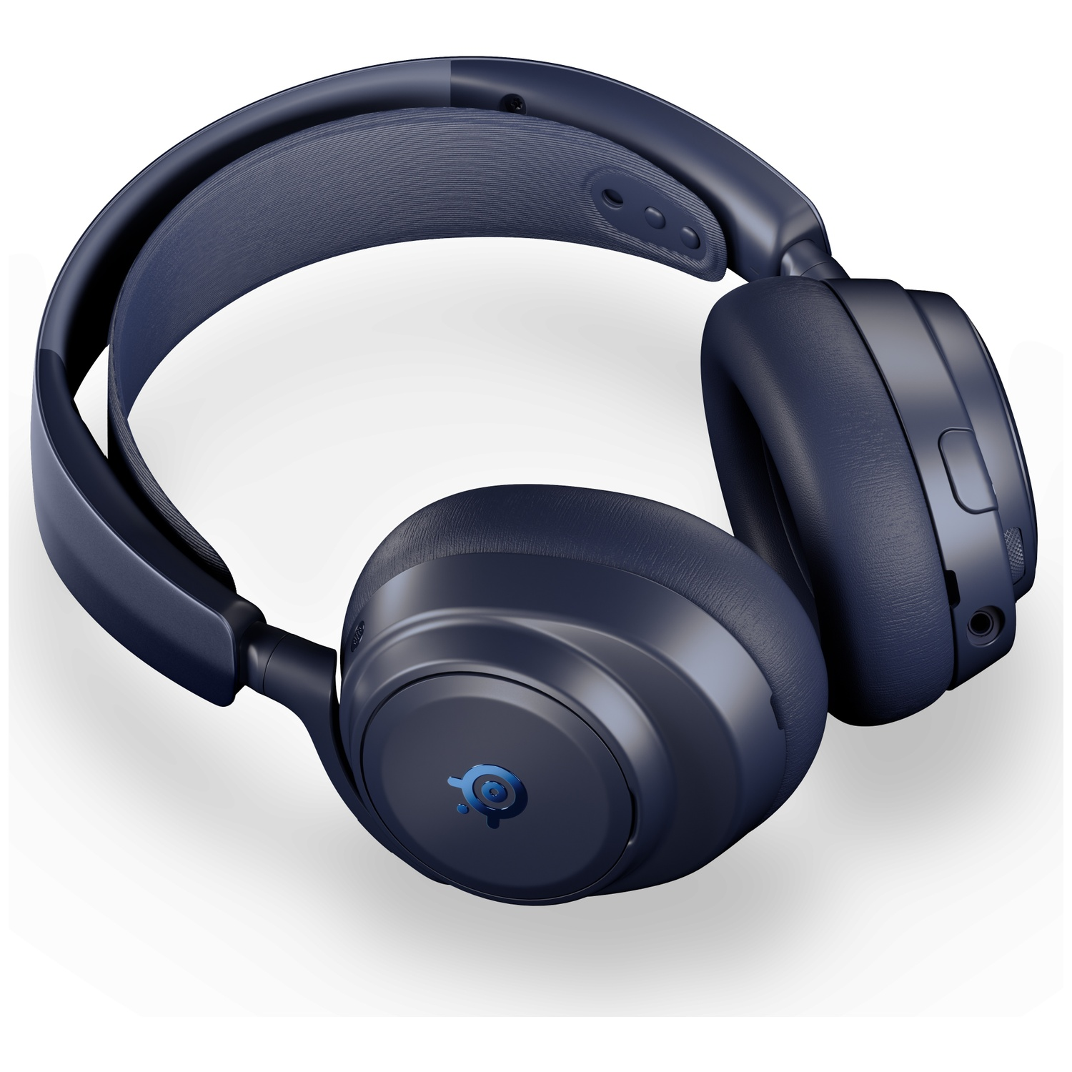 Dark blue over-ear headphones with a blue logo on the right earcup.