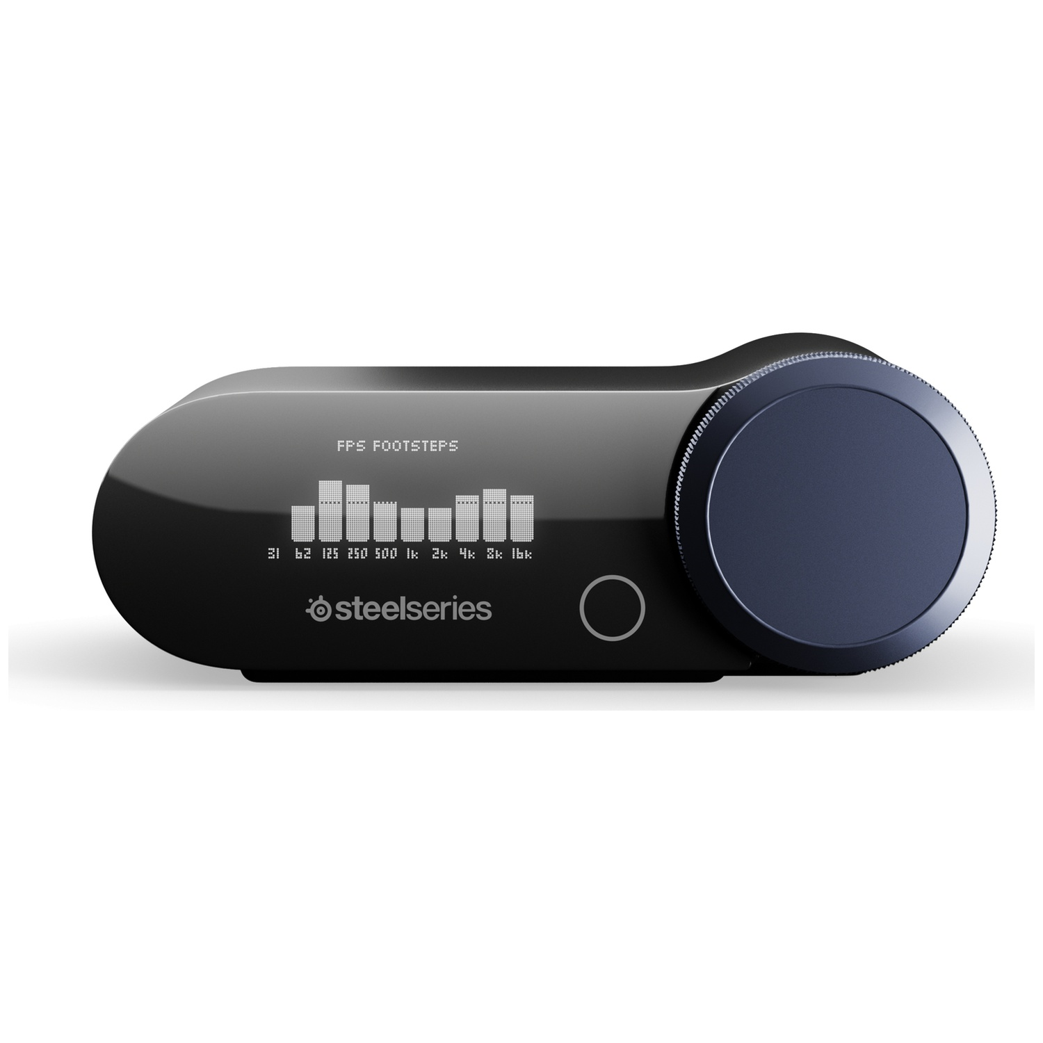 Black SteelSeries audio mixer with a dial and equalizer display.