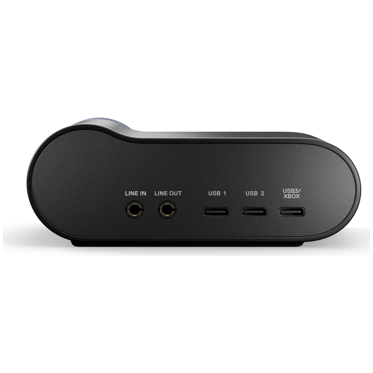 Black audio device with Line In, Line Out, USB 1, USB 2, and USB3/XBOX ports.