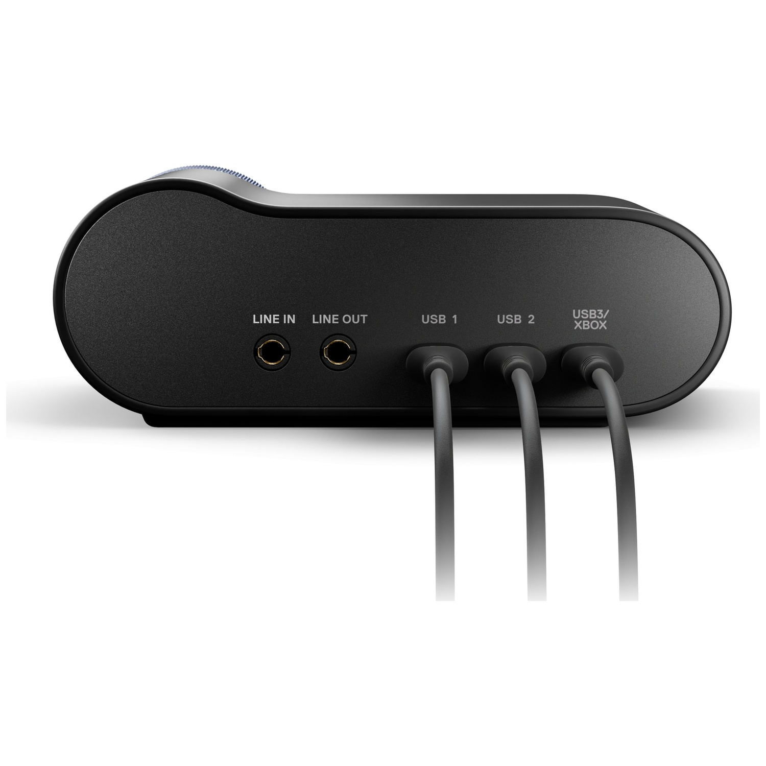 Back view of a black audio device with ports: Line In, Line Out, USB 1, USB 2, USB3/Xbox.