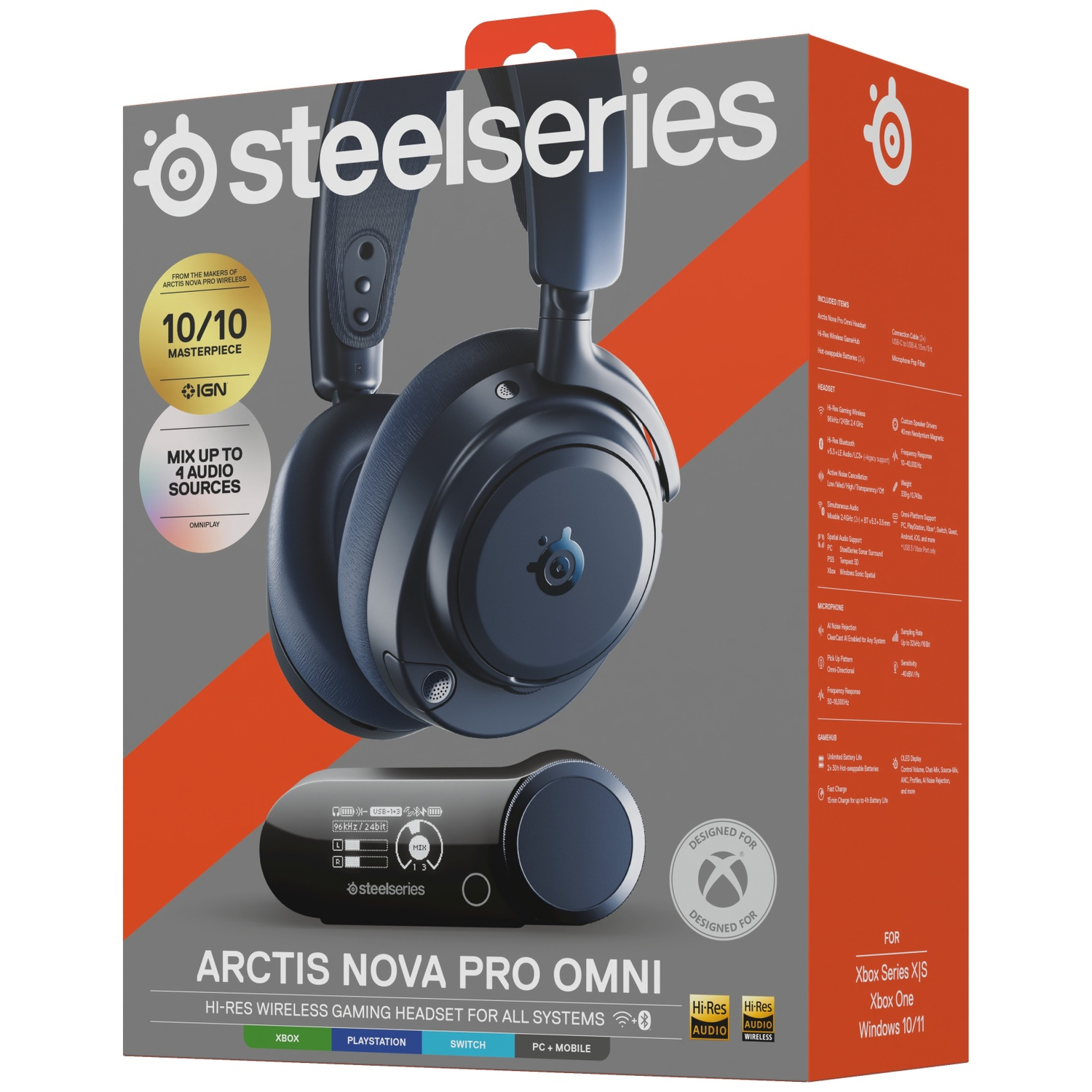 SteelSeries Arctis Nova Pro Omni Gaming Headset box with headset and base station.