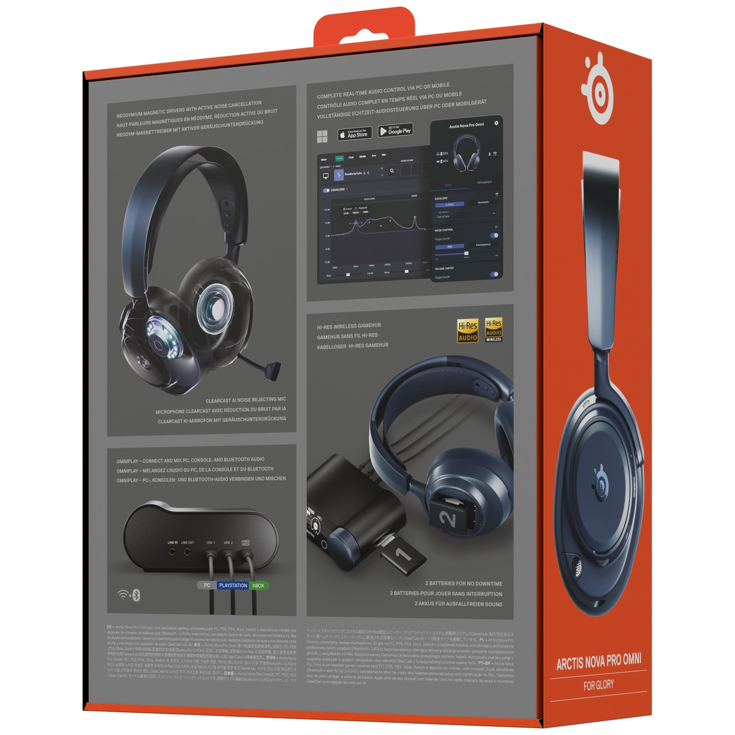 SteelSeries Arctis Nova Pro Omni headphones packaging showcasing features.