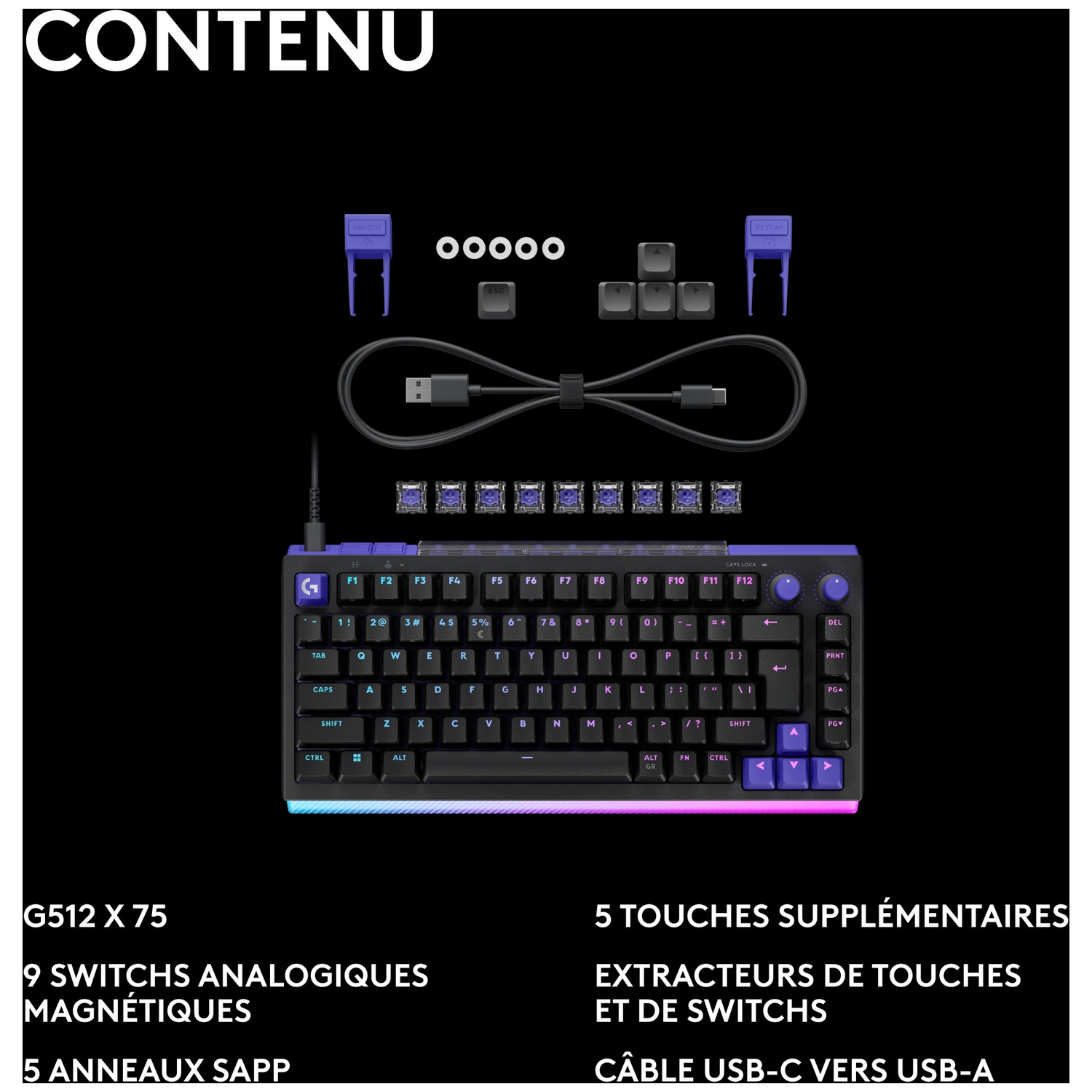 Accessoires de clavier : clavier, câble, interrupteurs, extracteur de touches et touches de rechange.
