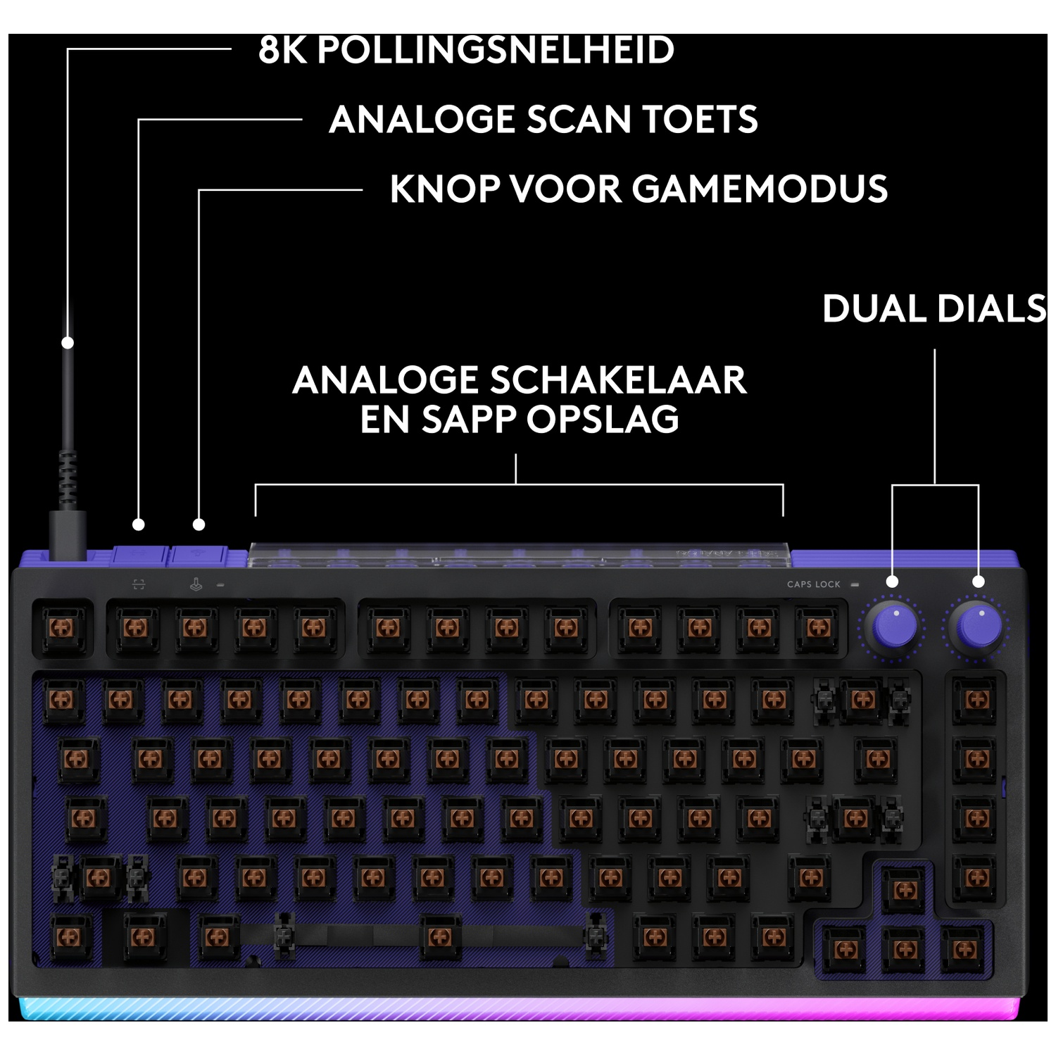 Een toetsenbord met labels voor 8K polling rate, analoge toetsen en gamemodus knop.