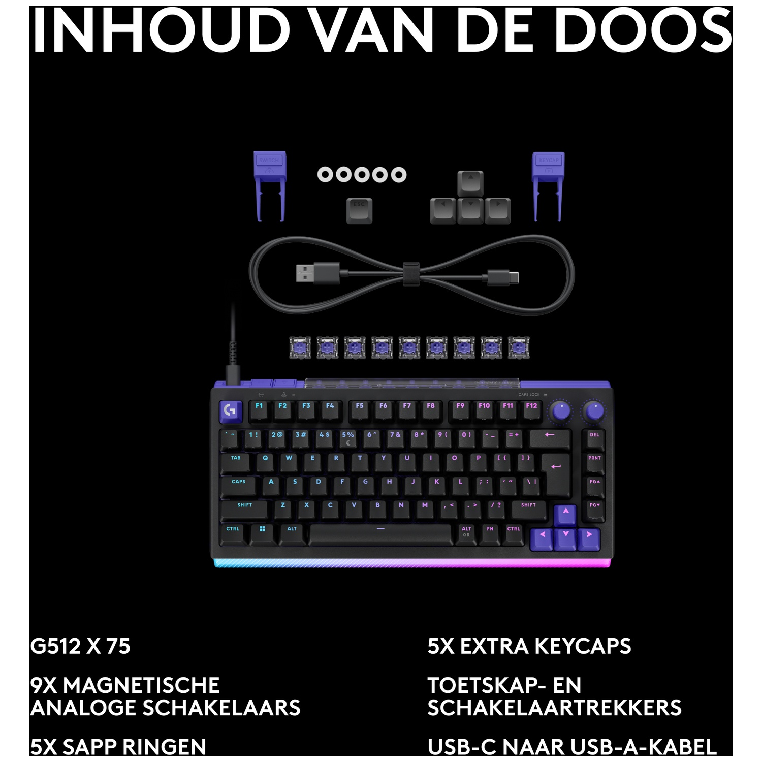Toetsenbordaccessoires: keycaps, schakelaars, kabel en gereedschap op zwarte achtergrond.
