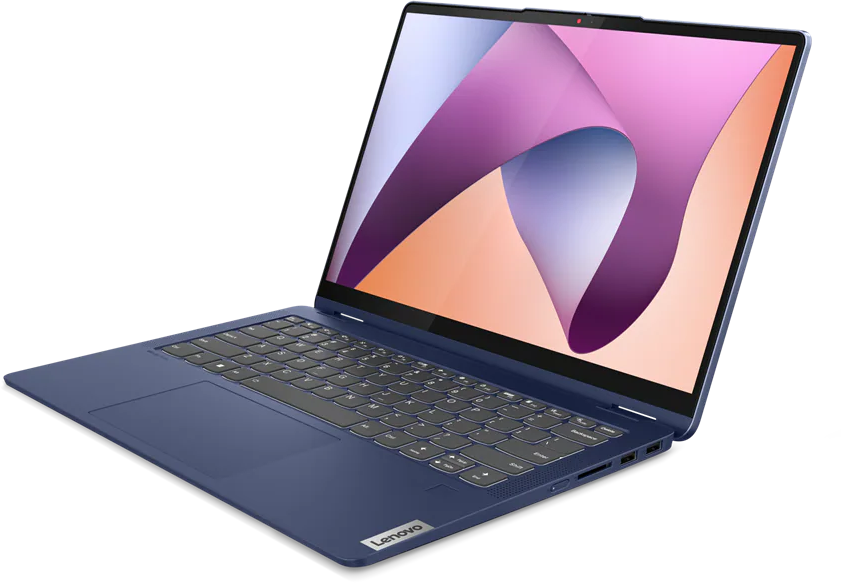Kék laptop billentyűzettel és absztrakt mintát megjelenítő képernyővel.