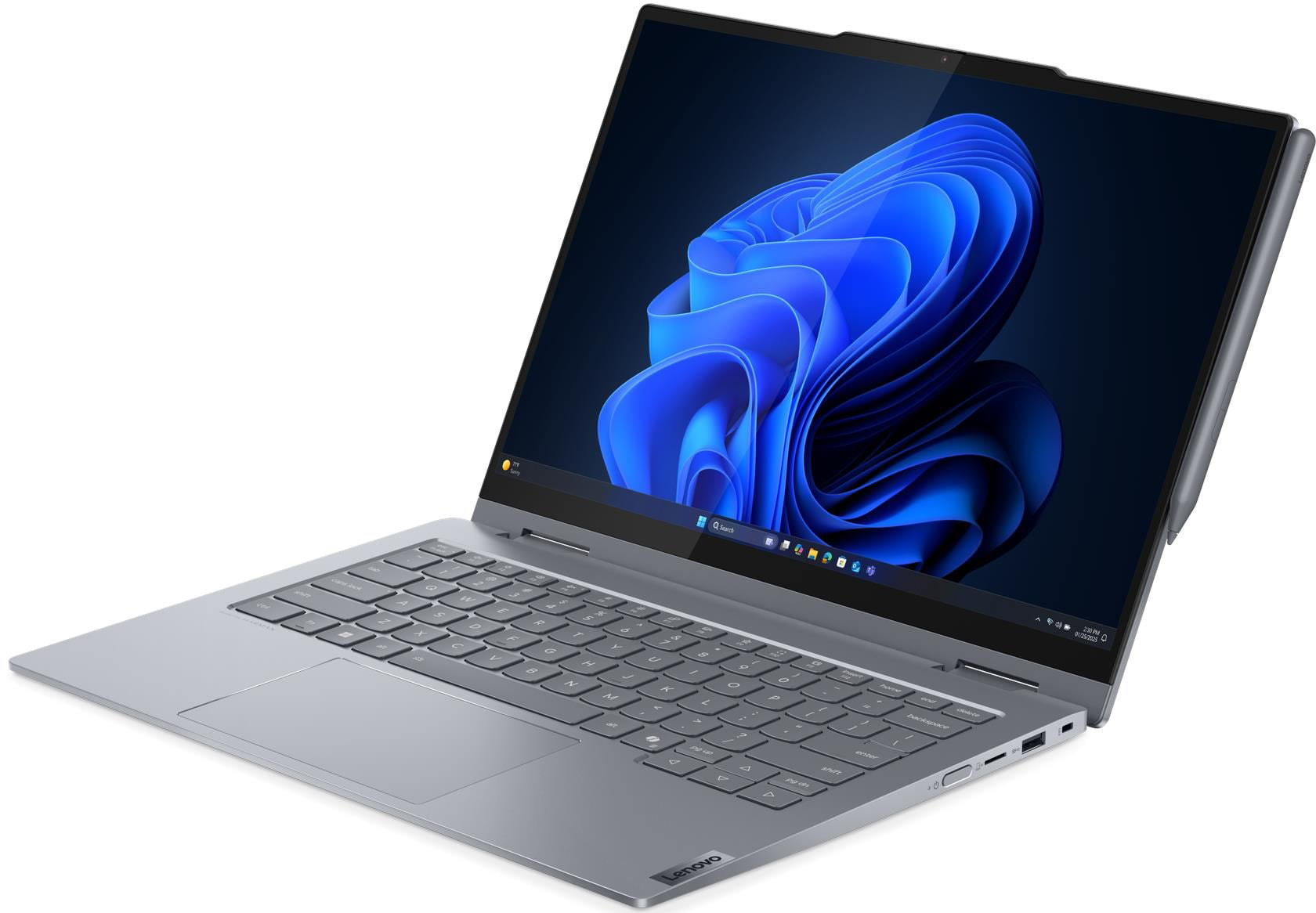Szürke Lenovo átalakítható laptop kék Windows háttérképpel és érintőtollal.