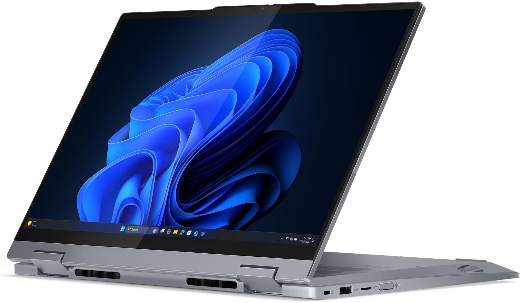 Ezüst laptop kék absztrakt háttérképpel. A billentyűzet és a váz látható.