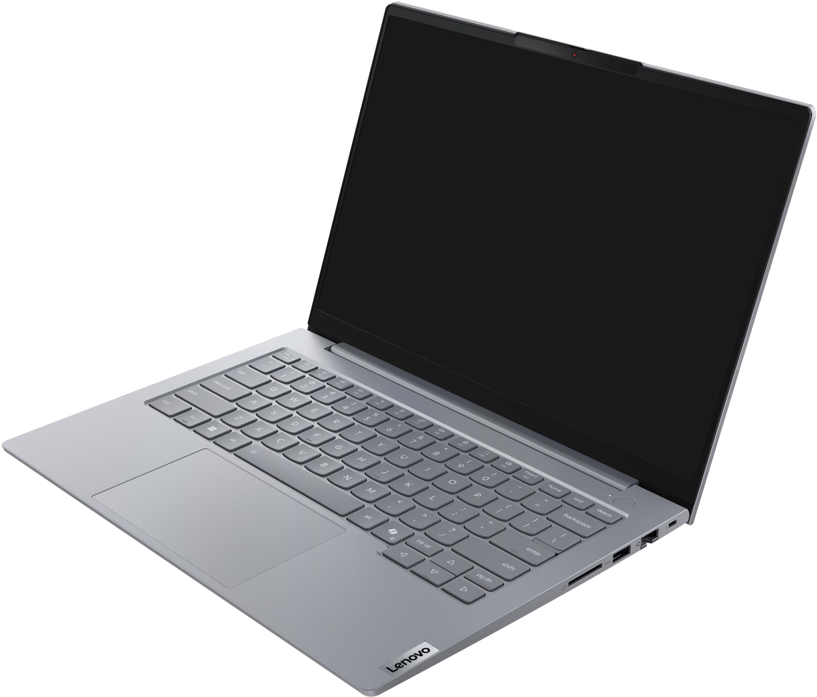 Egy ezüst Lenovo laptop nyitva, fekete képernyővel és billentyűzettel. Webkamera látható.