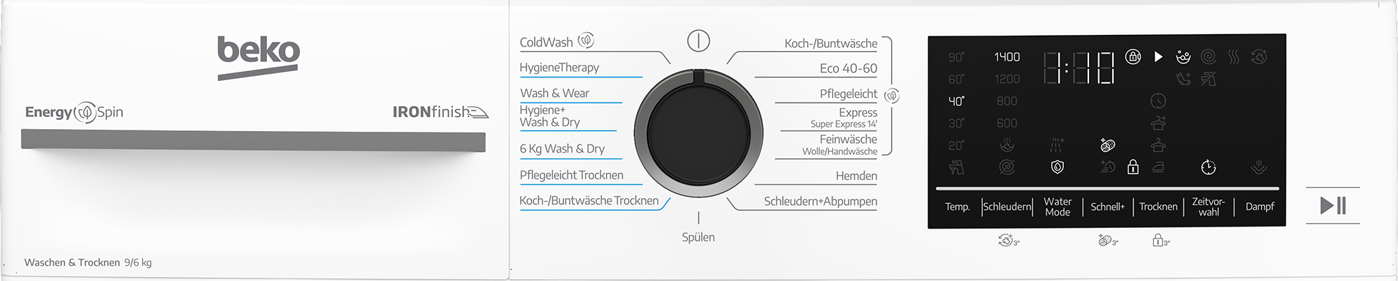 Beko Waschmaschine mit digitalem Display, Programmwahlrad und Tasten.