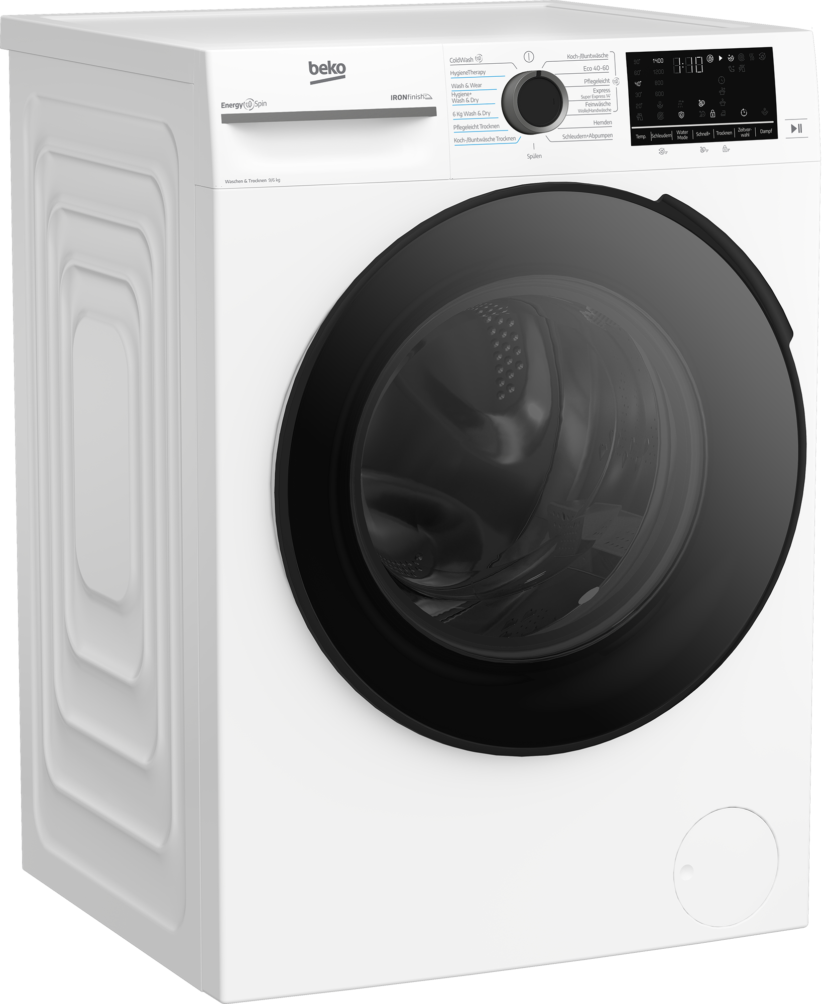 Weiße Beko Waschmaschine mit schwarzer Tür und Bedienfeld.