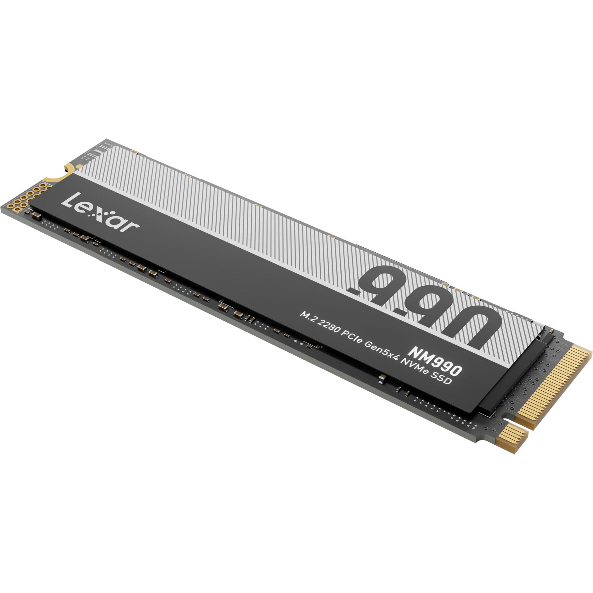 Lexar NM990 M.2 2280 PCIe Gen5x4 NVMe SSD mit silbernem Kühlkörper.