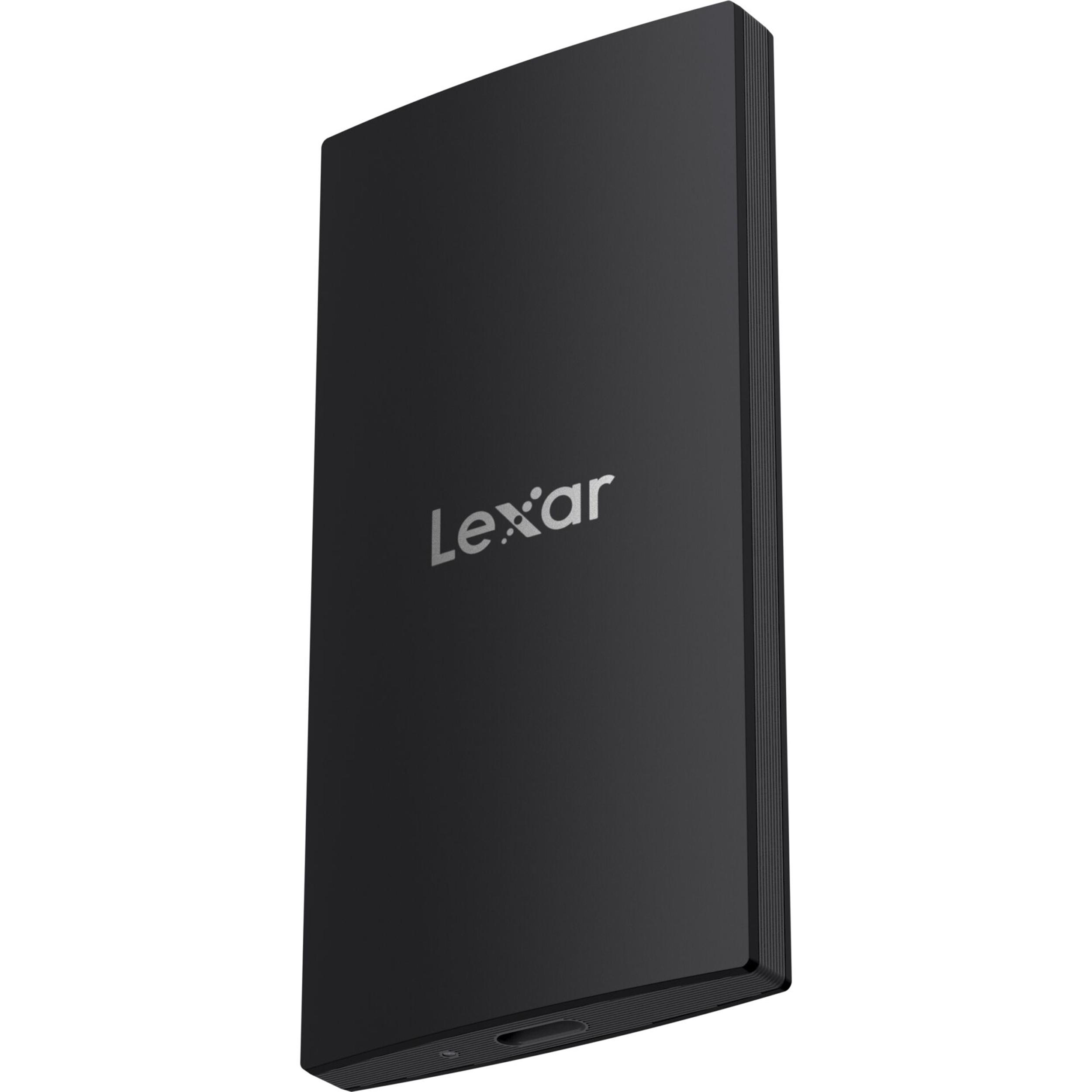 Ein schlankes, schwarzes externes Speichermedium mit dem Lexar-Logo.