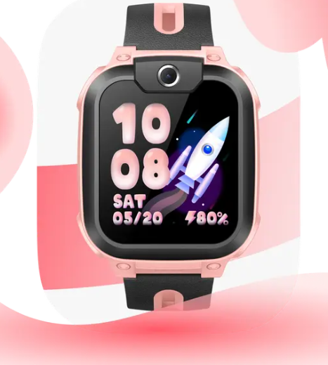 Różowy smartwatch z czarnym paskiem wyświetla 10:08, rakietę, datę i baterię.