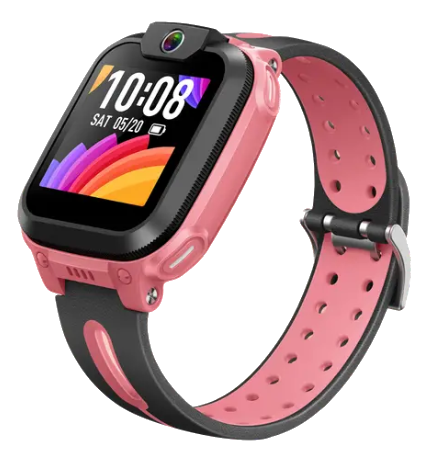 Różowy smartwatch dla dzieci z czarnym paskiem, pokazuje 10:08 i kolorowy wyświetlacz.