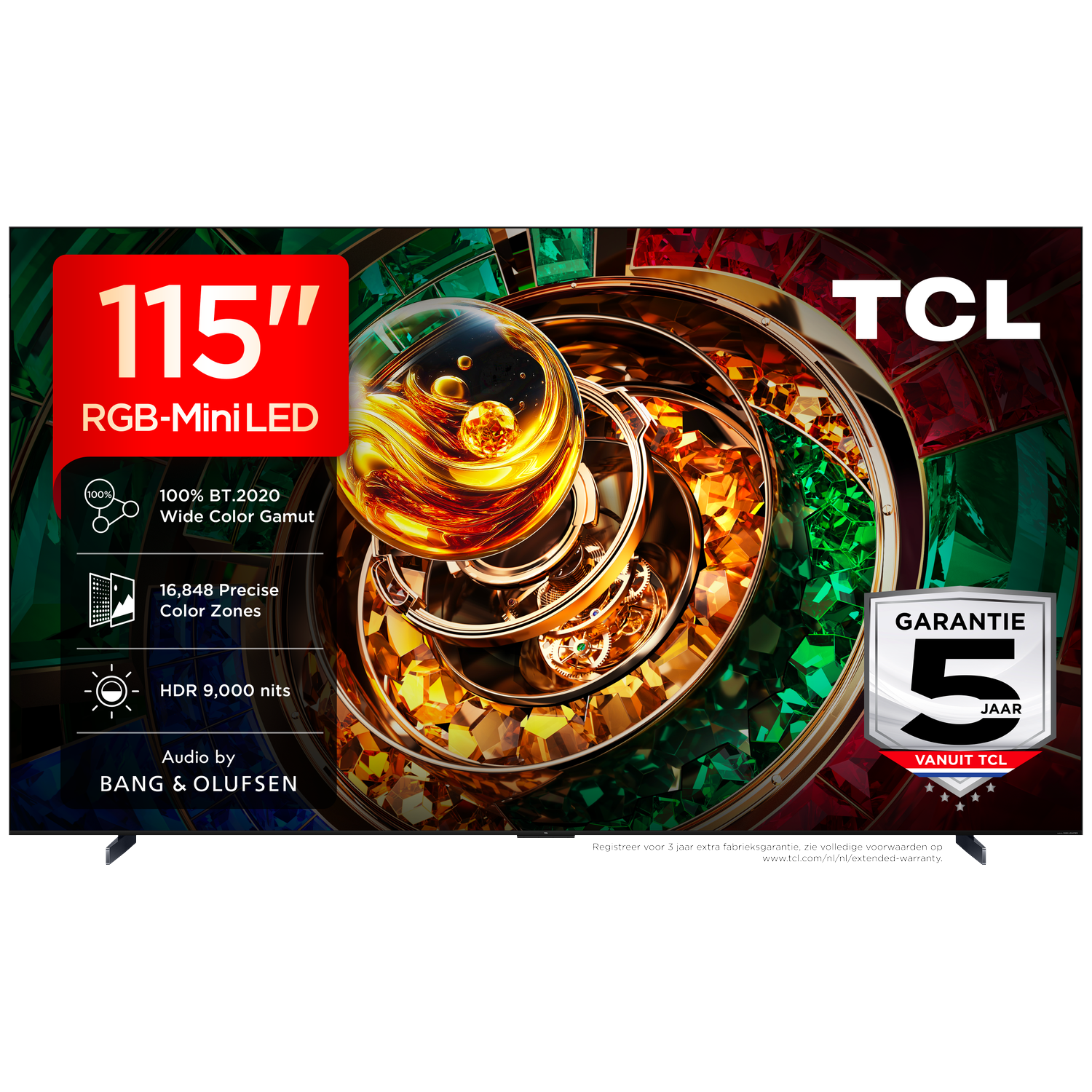 TCL 115" RGB-Mini LED TV met 100% BT.2020, 16848 Kleurenzones & 9000 Nits HDR.
