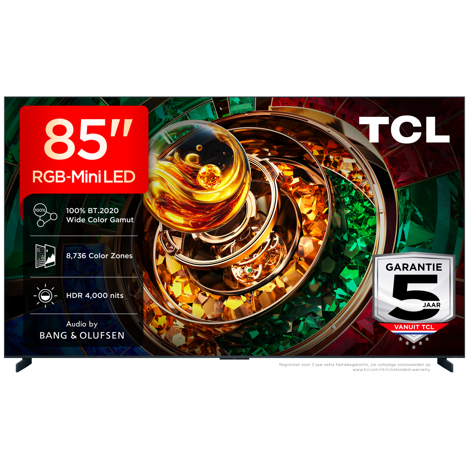 Een 85-inch TCL RGB-Mini LED TV met 8.736 kleure zones en HDR 4.000 nits.