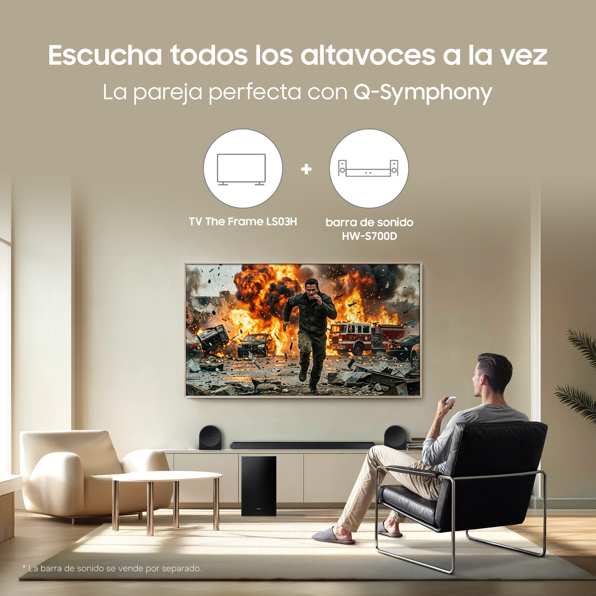 Escucha todos los altavoces a la vez La pareja perfecta con Q-Symphony TV The Frame LS03H + barra de sonido HW-S800D *La barra de sonido se vende por separado..