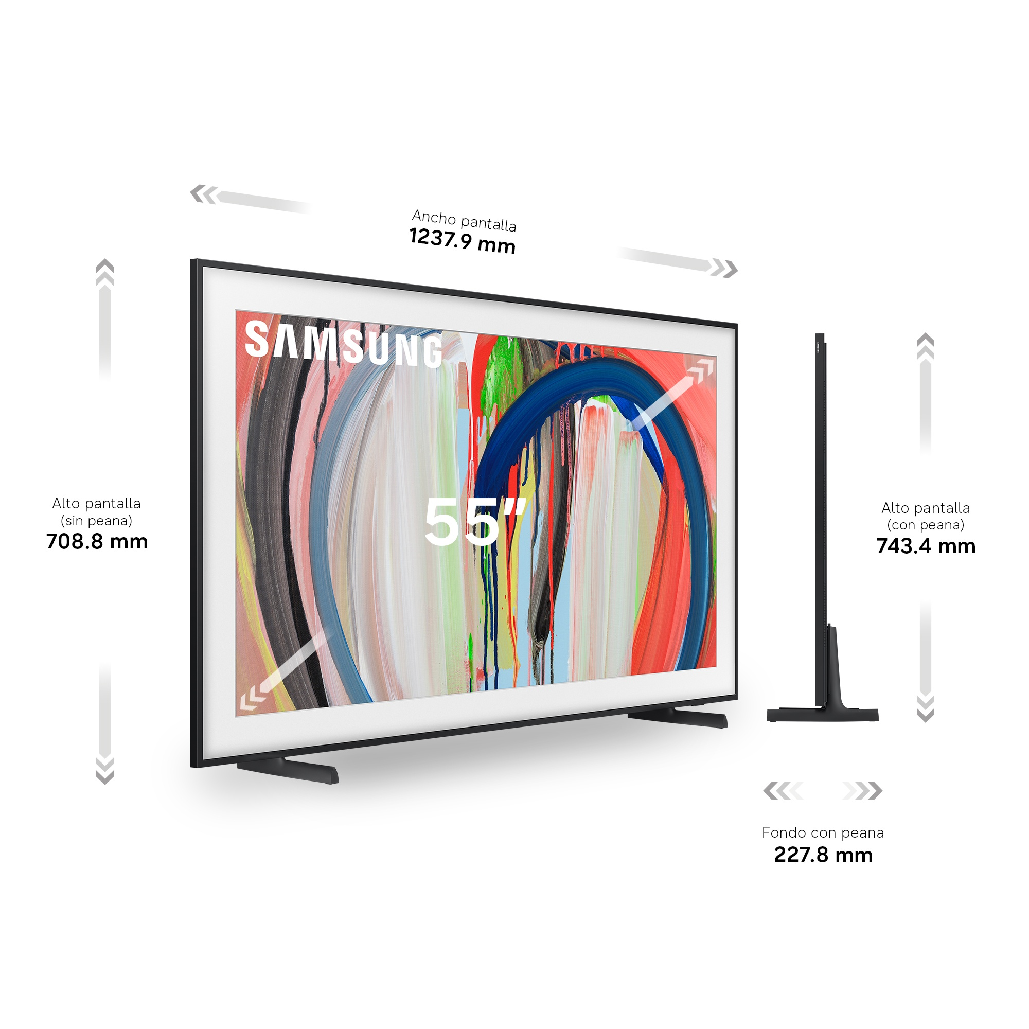 Ancho pantalla 1237.9 mm Alto pantalla (sin peana) 708.8 mm Alto pantalla (con peana) 743.4 mm Fondo con peana 227.8 mm