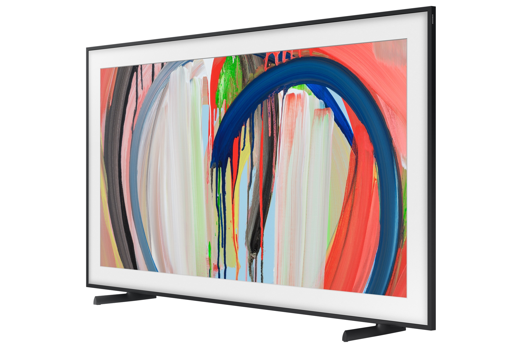 Un televisor moderno con arte abstracto en colores vibrantes, sobre un soporte.