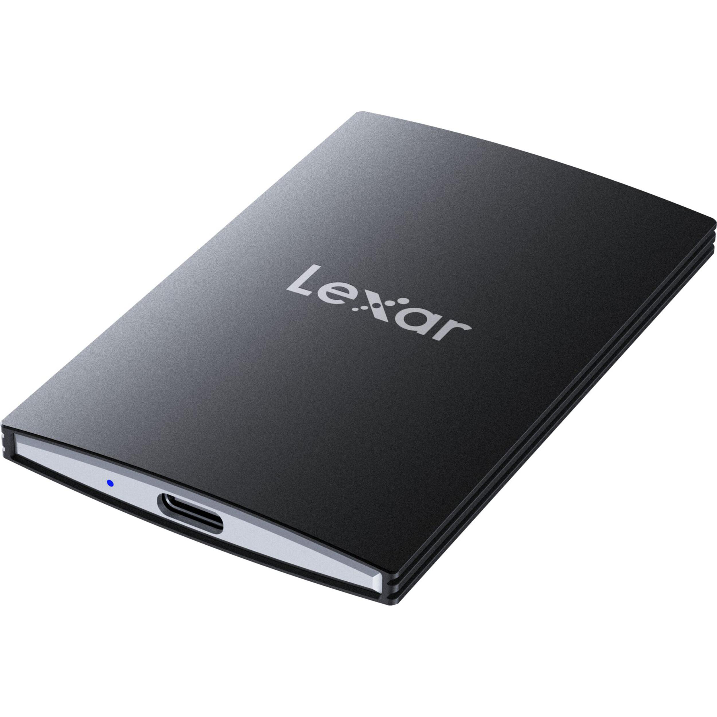 Schwarze Lexar externe Festplatte mit USB-C-Anschluss und blauem Lämpchen.