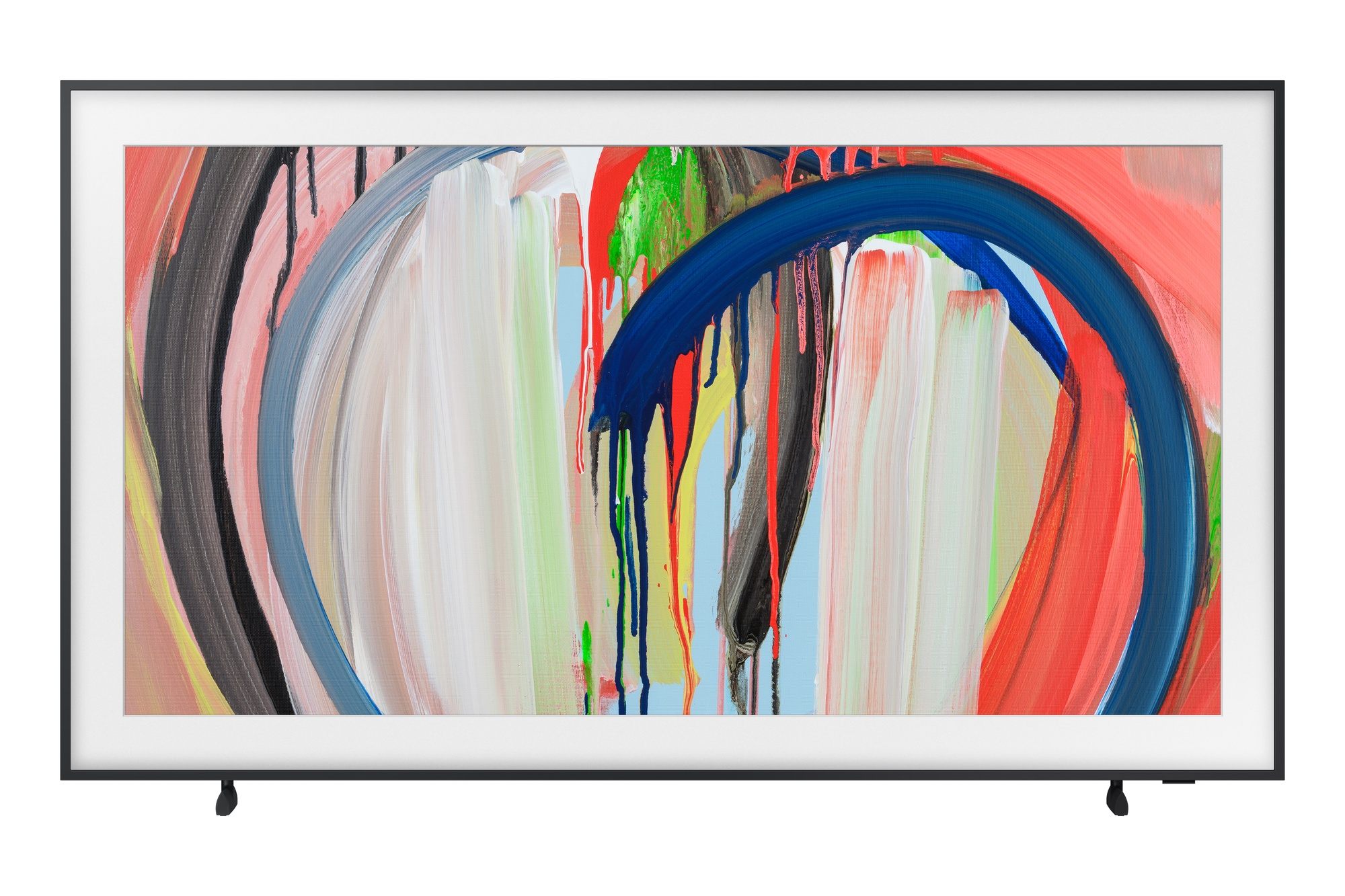 Un televisor moderno con una pintura abstracta en colores vibrantes: azul, rojo y verde.