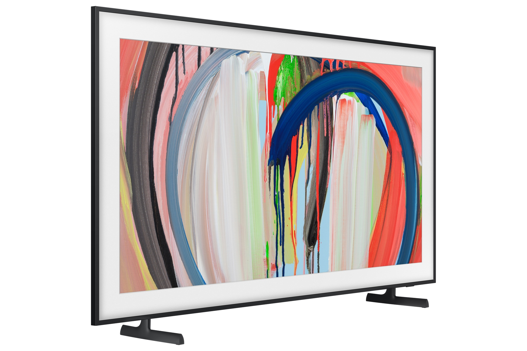 Un televisor negro que muestra arte abstracto en rojo, azul y gris.