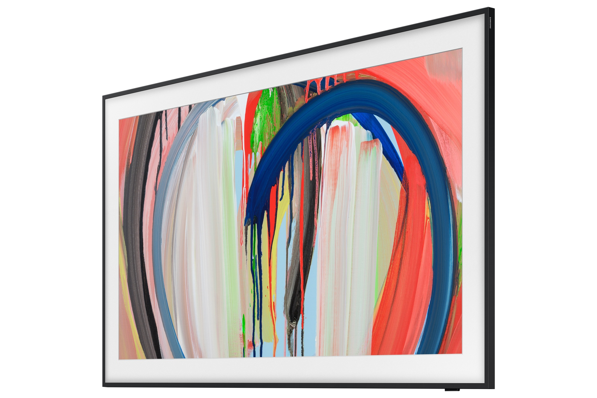 Un televisor moderno muestra una pintura abstracta con colores vivos y goteos.
