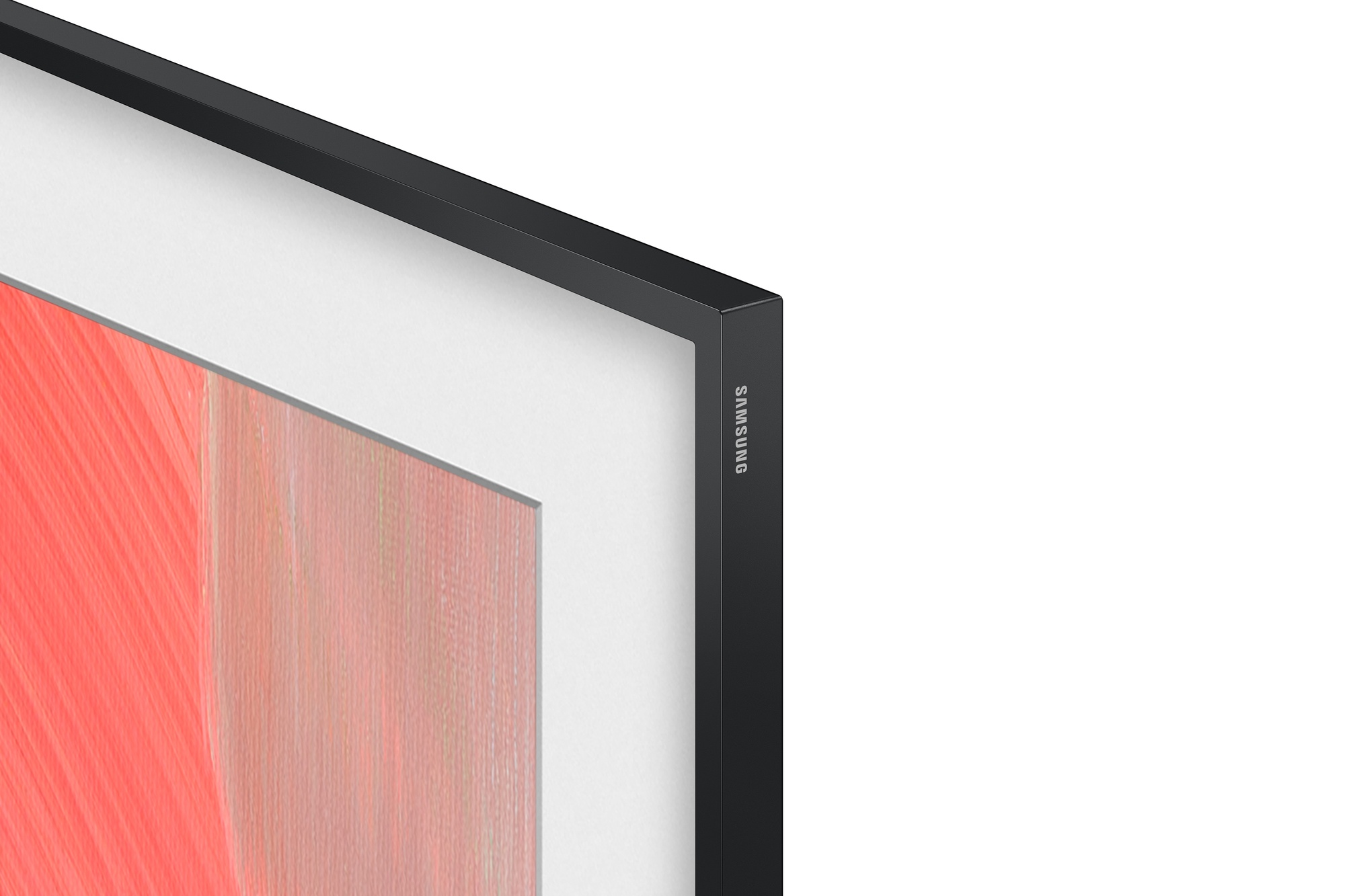 Un televisor Samsung negro que muestra arte abstracto en trazos rojos y blancos.