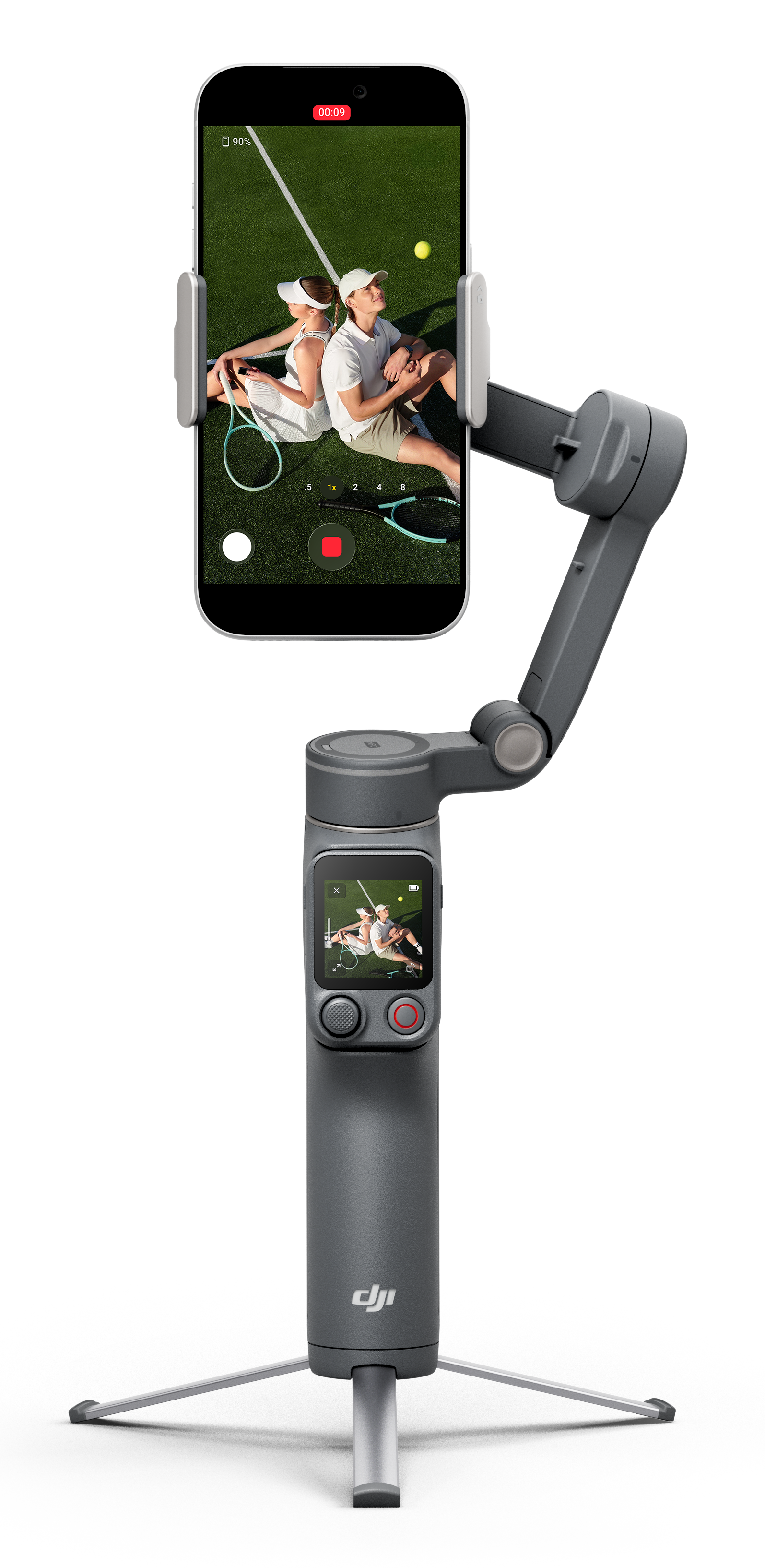 Gimbal trzymający smartfon pokazujący parę siedzącą na korcie tenisowym.