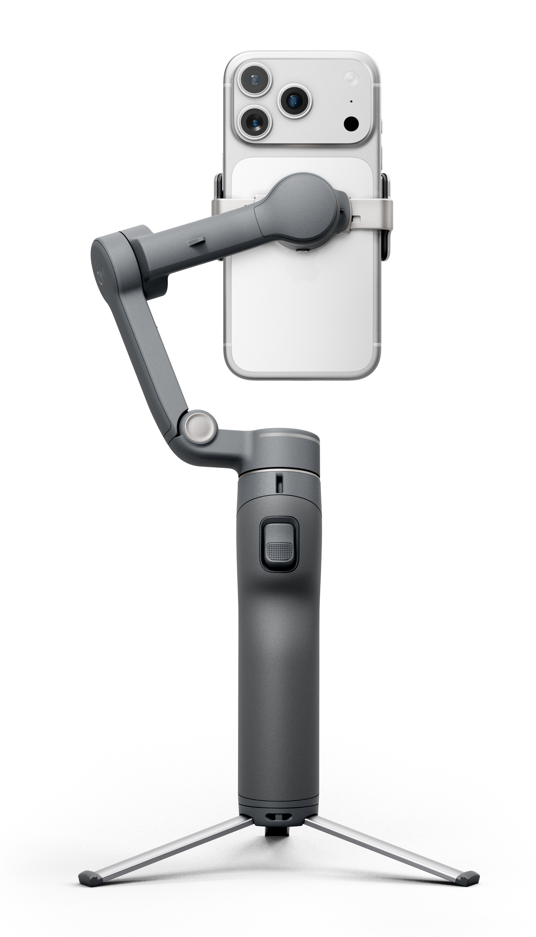 Szary gimbal do smartfona z białym telefonem, na czarnym tle.